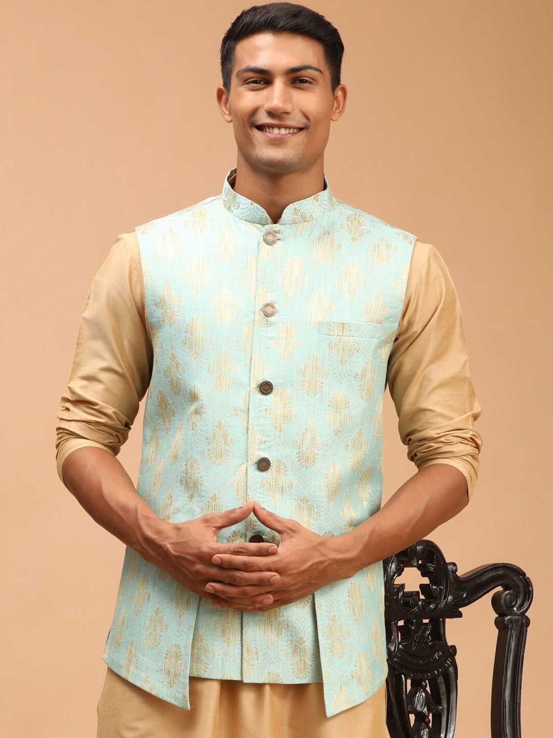 

VASTRAMAY Men Woven Design Nehru Jacket, Sea green