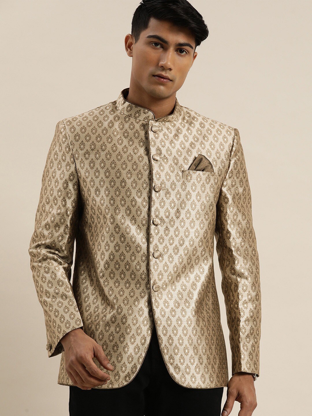 

VASTRAMAY Men Self-Design Slim-Fit Bandhgala Blazer, Gold