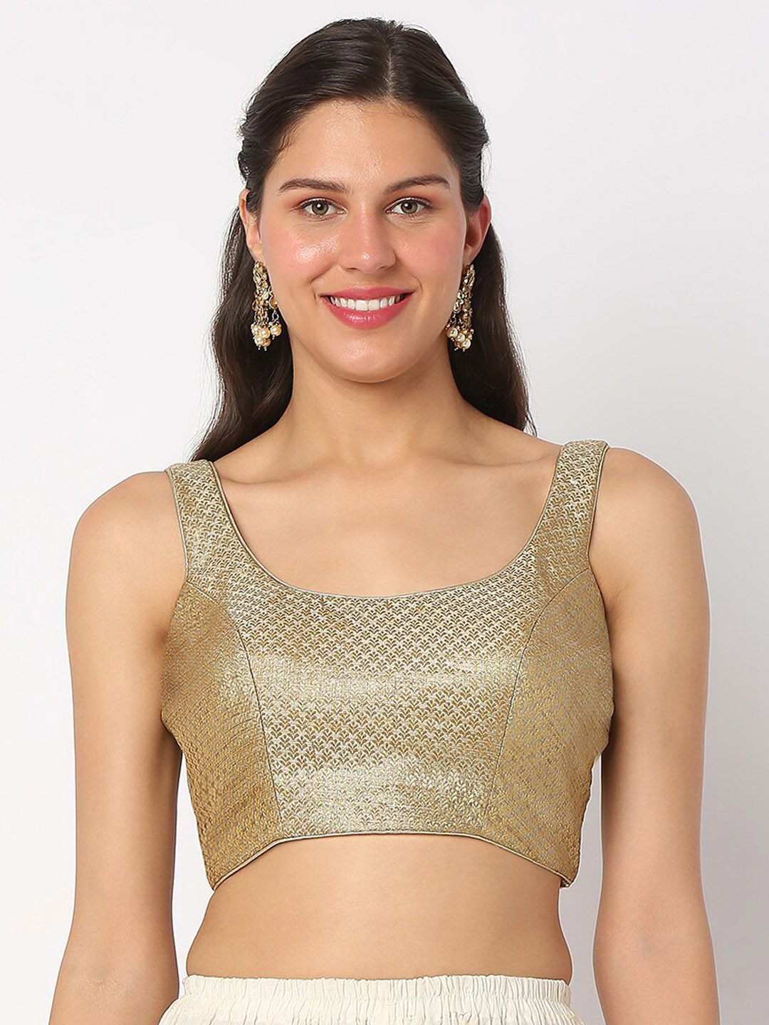 

SALWAR STUDIO Women Woven Designed Back Open Readymade Saree Blouse, Gold