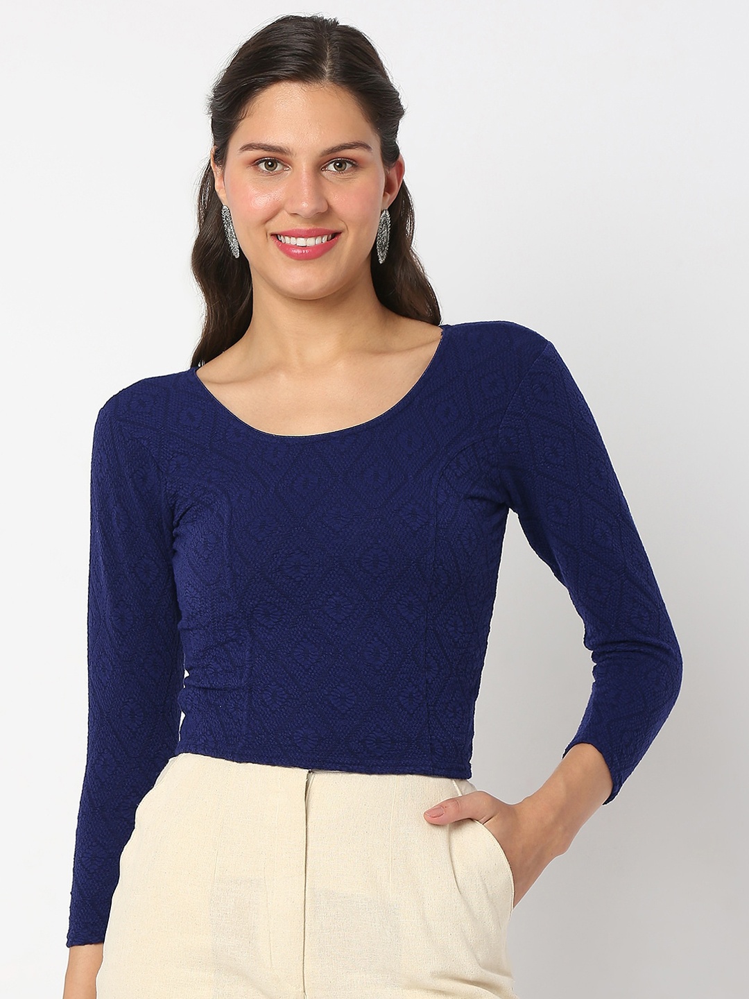 

SALWAR STUDIO Women Round Neck Long Sleeves Woolen Top, Blue
