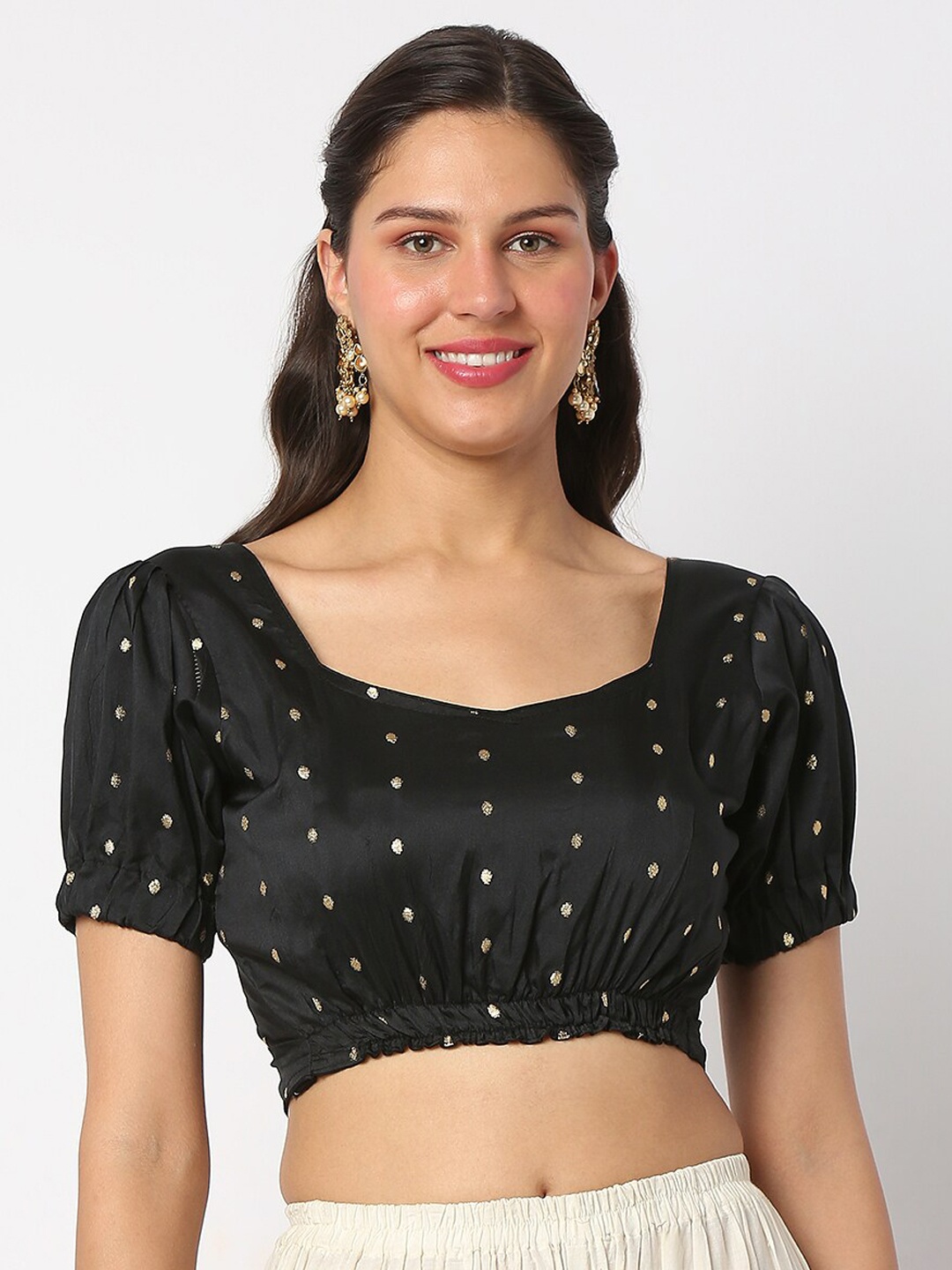 

SALWAR STUDIO Self-Designed Short Sleeves Readymade Saree Blouse, Black