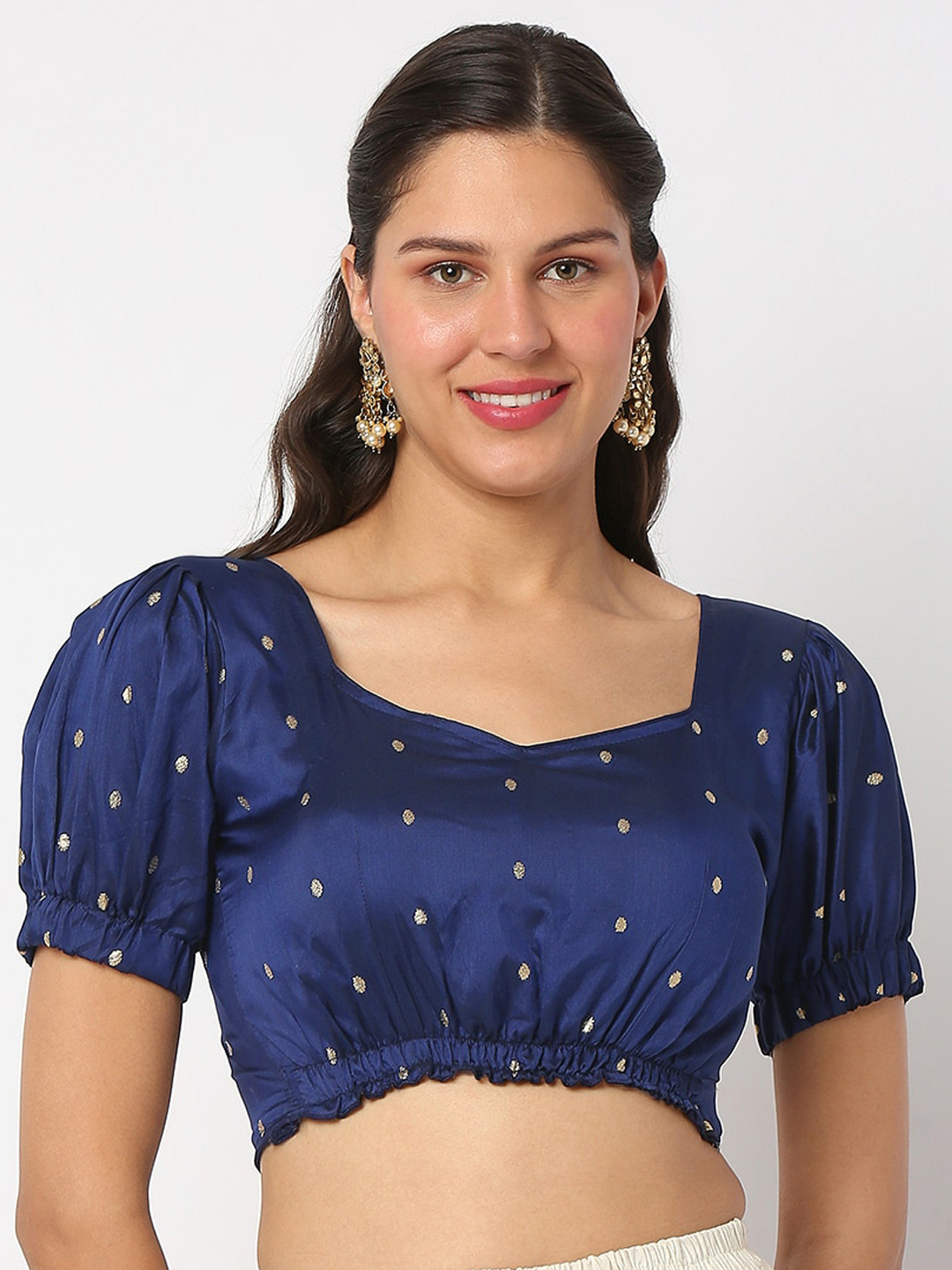 

SALWAR STUDIO Printed Back Open Padded Saree Blouse, Navy blue