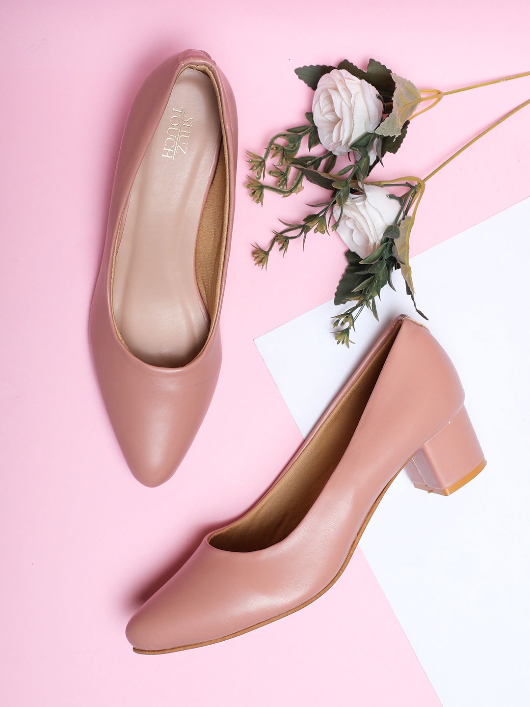 

SHUZ TOUCH Closed Back Pointed Toe Block Pumps, Peach