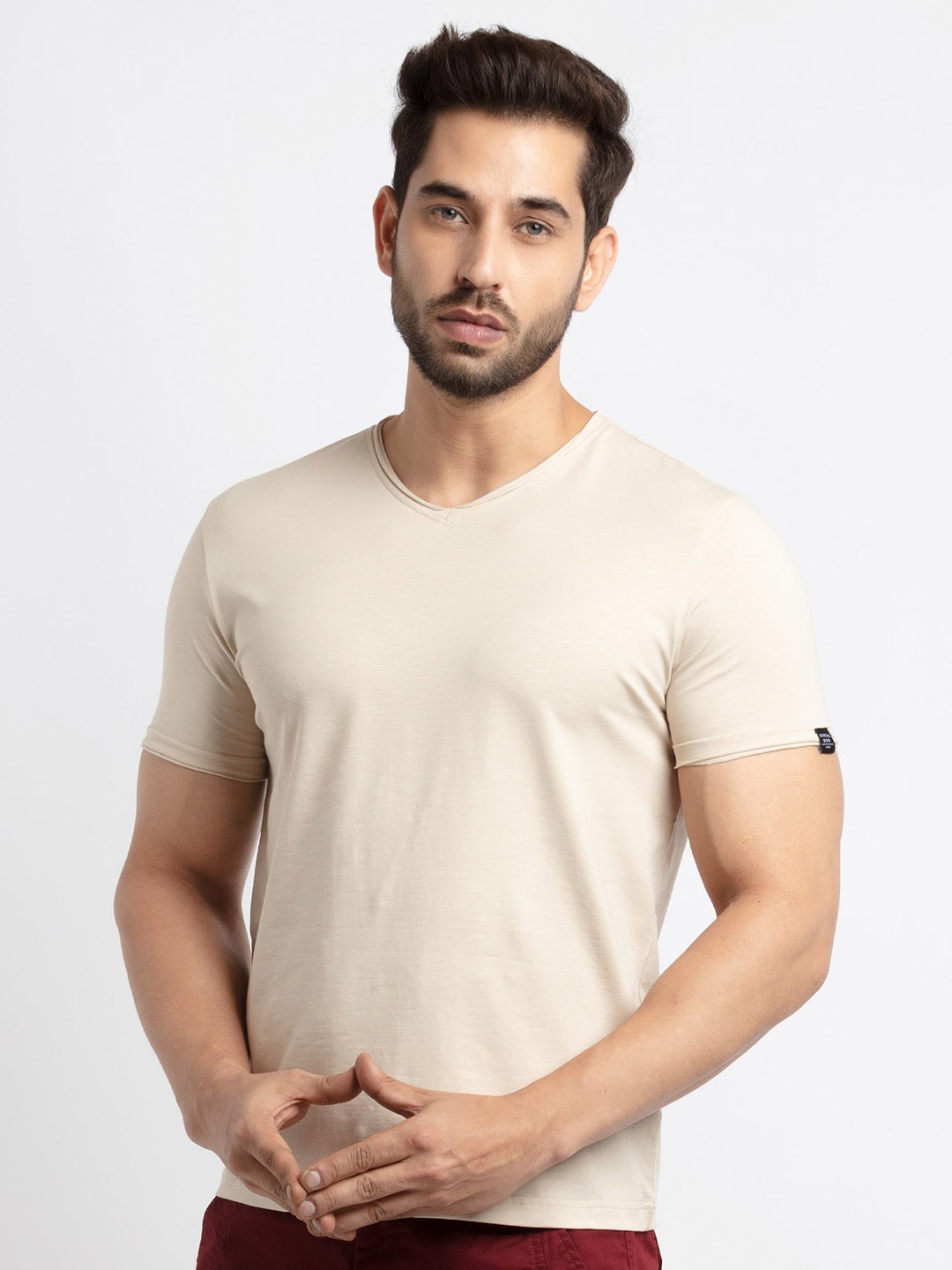 

Status Quo Men Crew Neck Cotton T-shirt, Beige