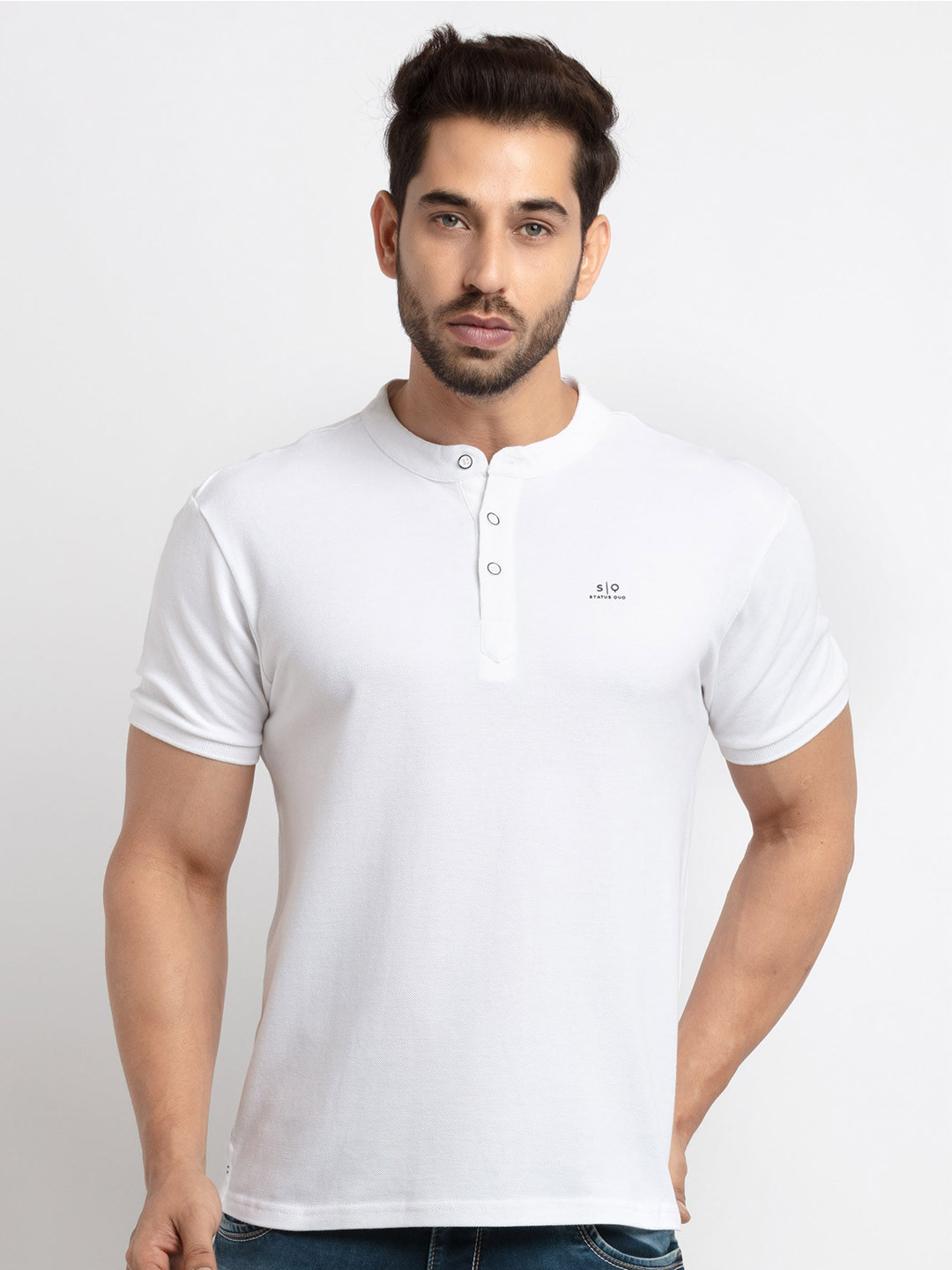 

Status Quo Men Brand Logo Printed Henley Neck Cotton T-shirt, White