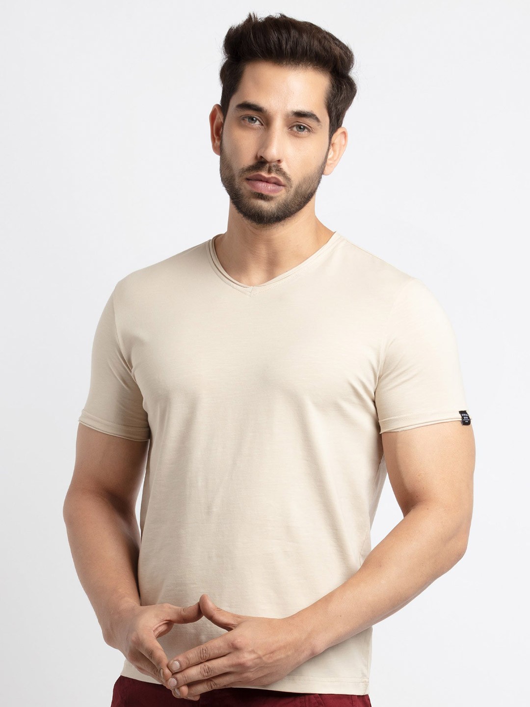 

Status Quo Men Round Neck Cotton T-shirt, Beige