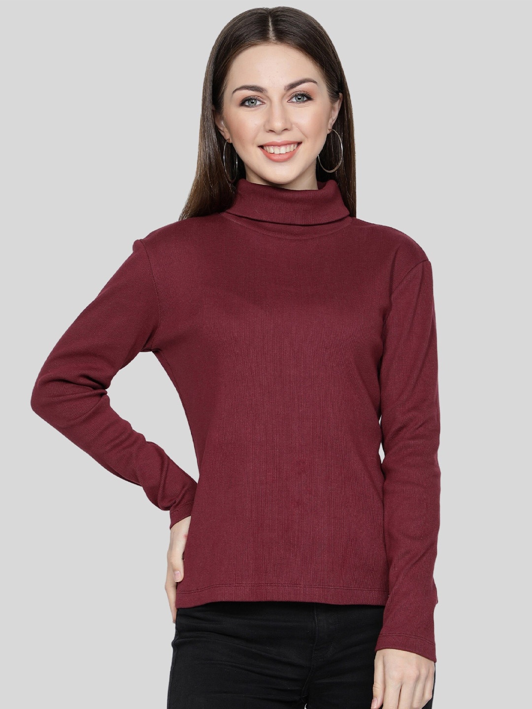 

NUEVOSDAMAS Women Turtle Neck Cotton Pullover, Maroon