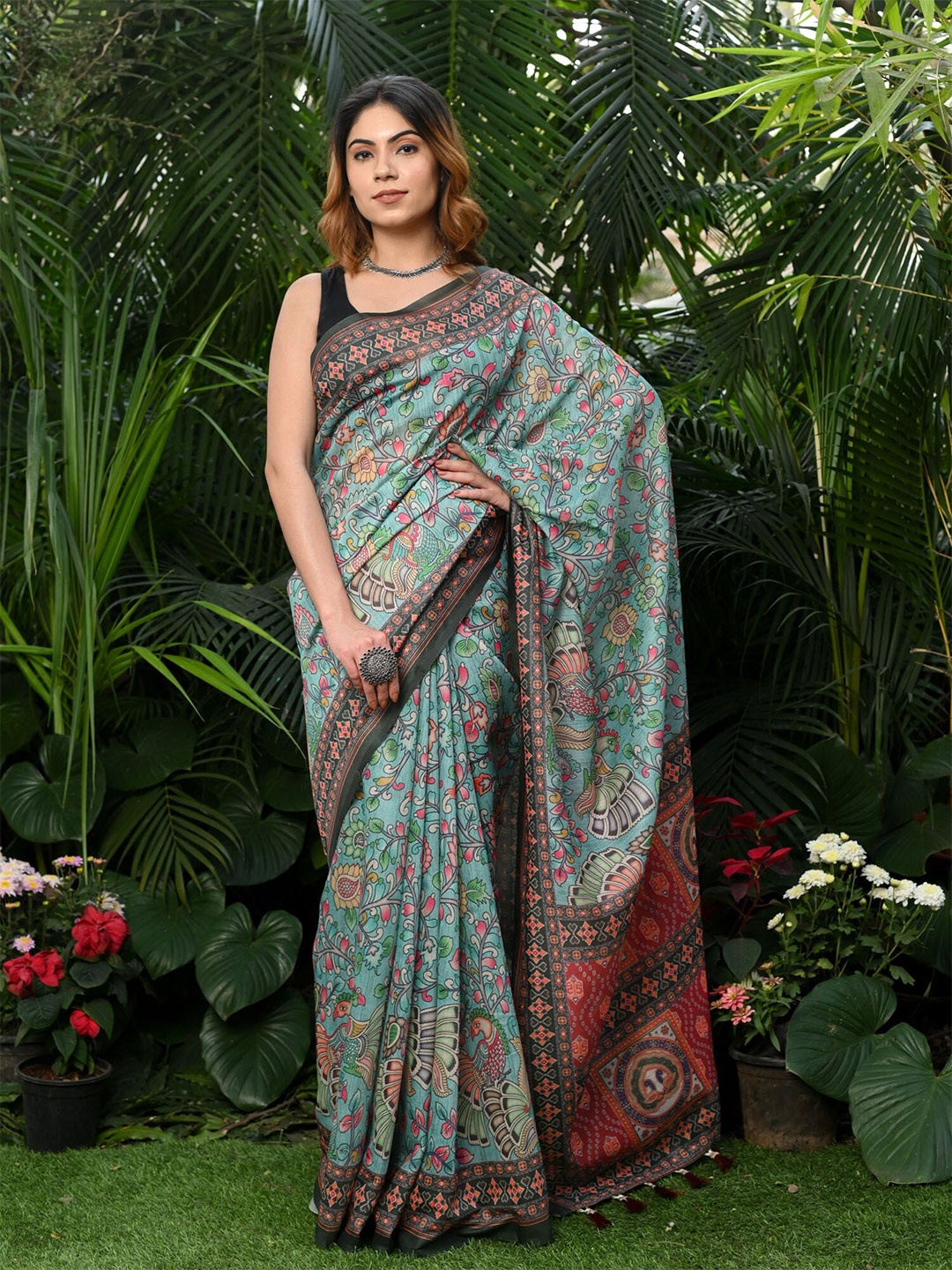 

BEATITUDE Kalamkari Pure Cotton Saree, Blue