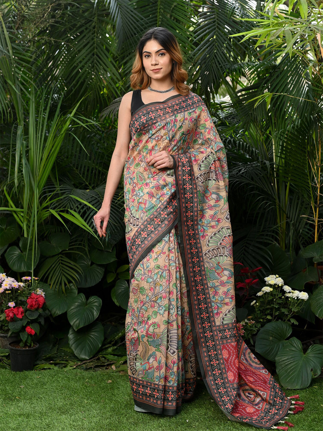 

BEATITUDE Kalamkari Pure Cotton Saree, Peach