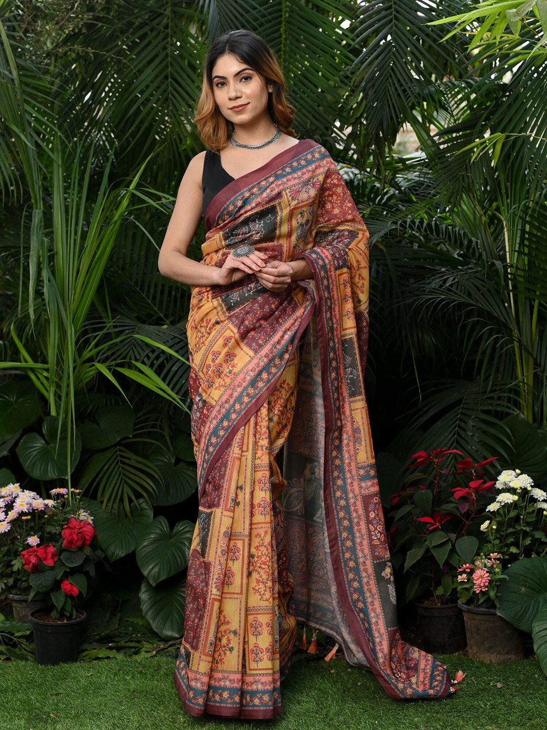 

BEATITUDE Kalamkari Pure Cotton Saree, Yellow