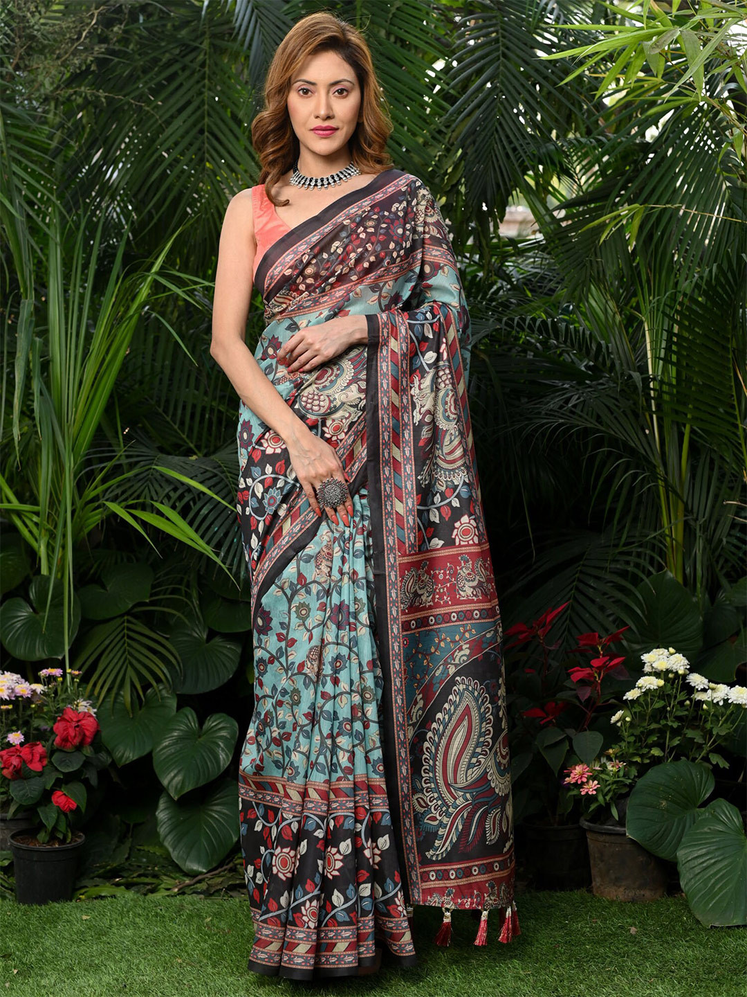 

BEATITUDE Kalamkari Printed Pure Cotton Saree, Blue