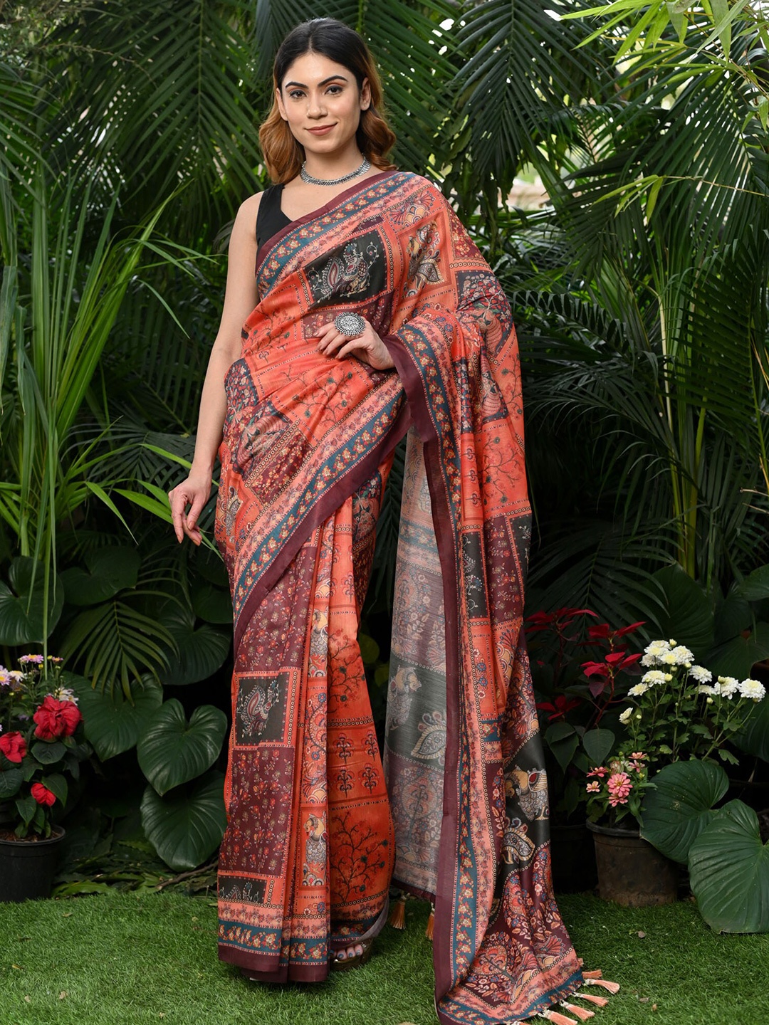 

BEATITUDE Kalamkari Printed Pure Cotton Saree, Coral