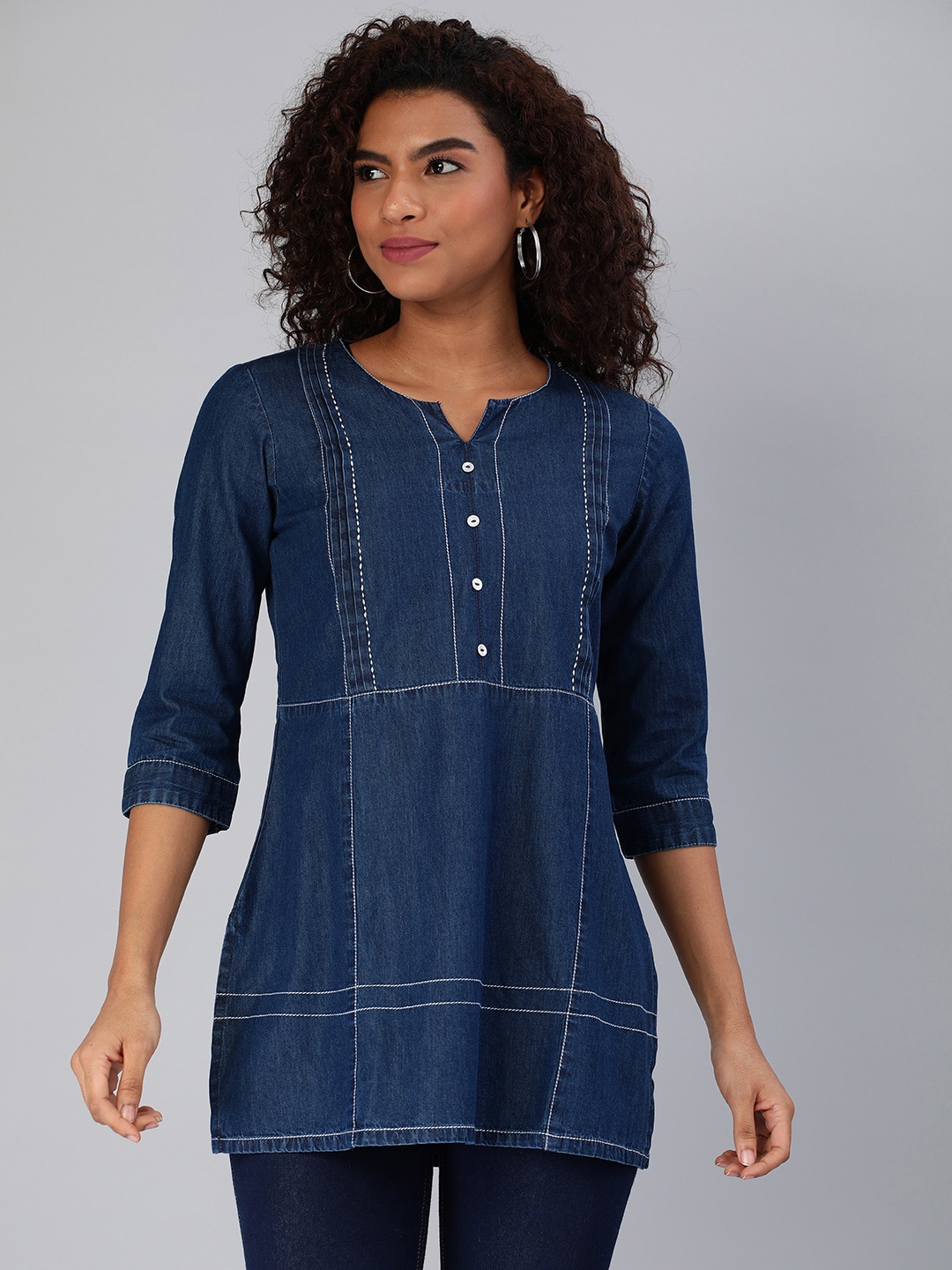 

ETIQUETTE Geometric Printed Thread Work Pure Cotton Denim Kurti, Blue