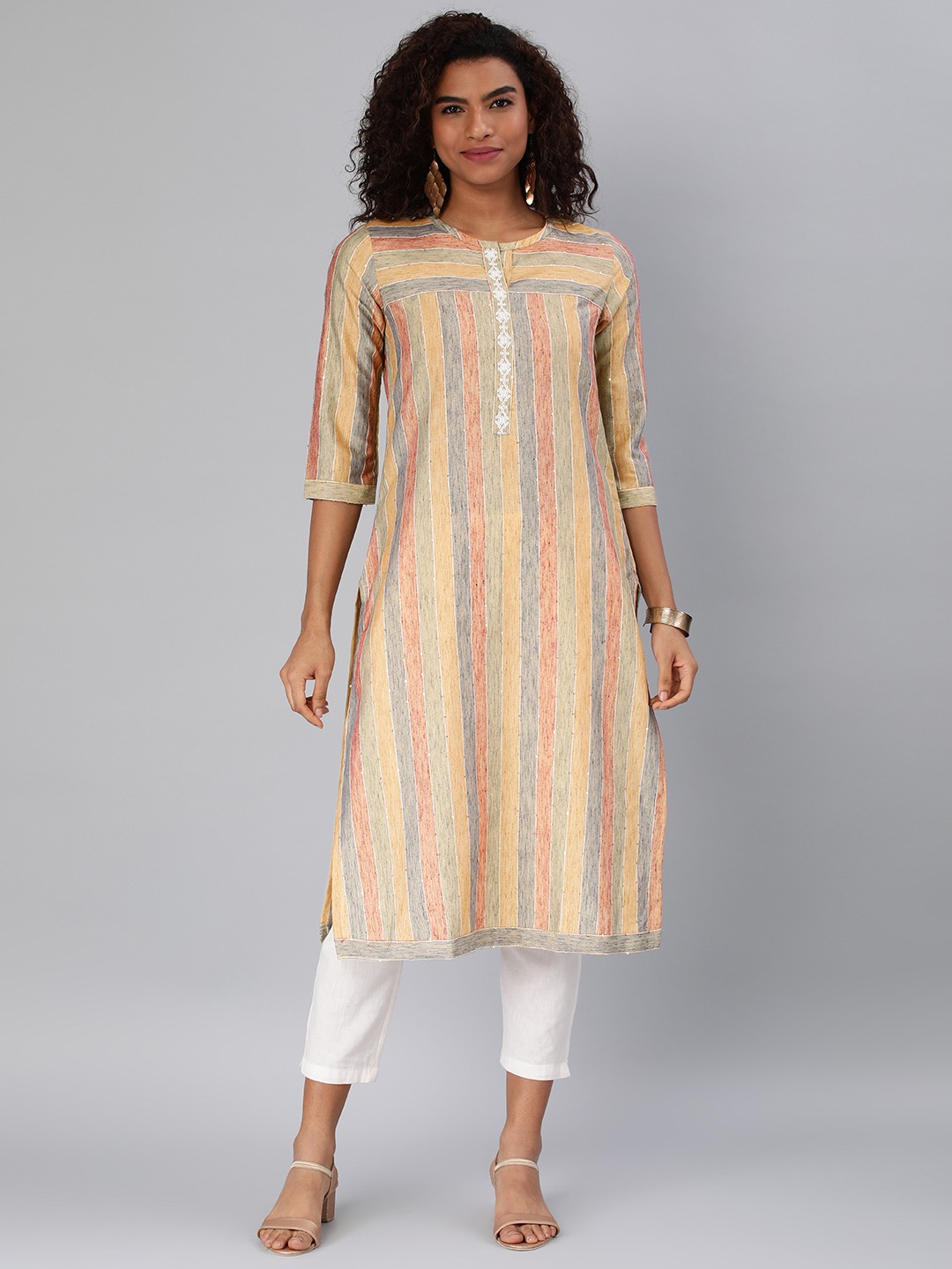 

ETIQUETTE Striped Mandarin Collar Thread Work Straight Kurta, Multi