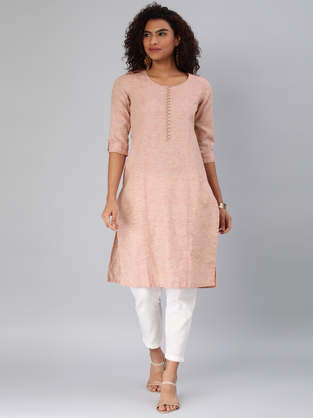 

ETIQUETTE Thread Work Roll-Up Sleeves Straight Kurta, Pink