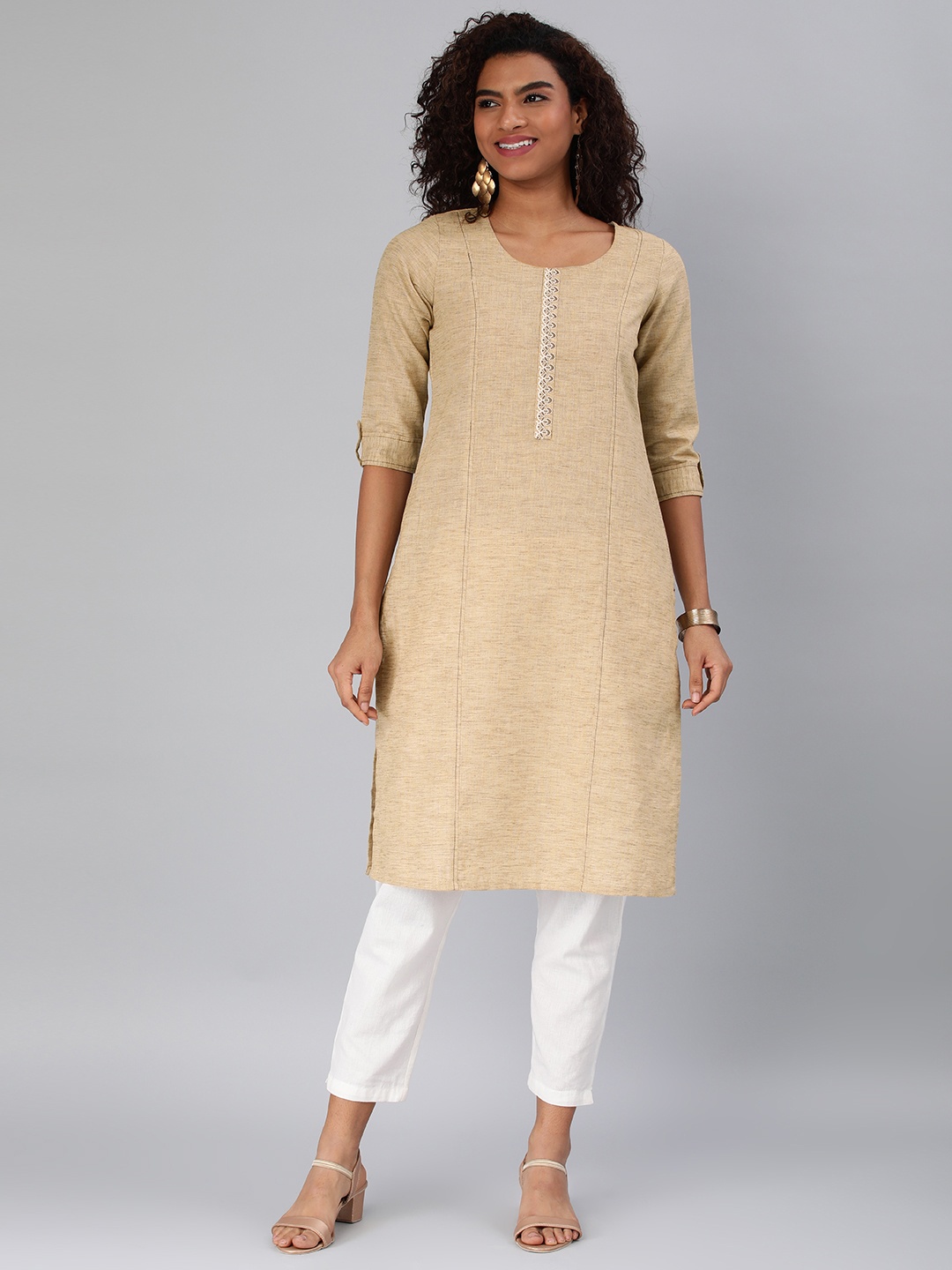

ETIQUETTE Thread Work Roll-Up Sleeves Straight Kurta, Beige