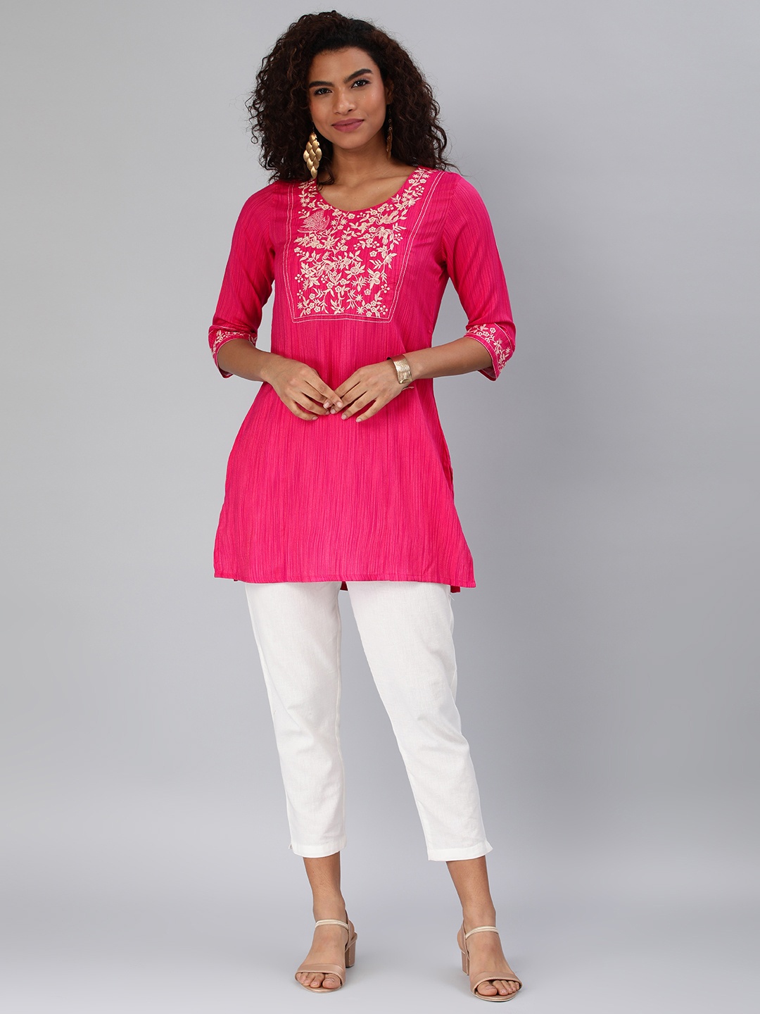

ETIQUETTE Ethnic Motifs Embroidered Thread Work Kurti, Pink