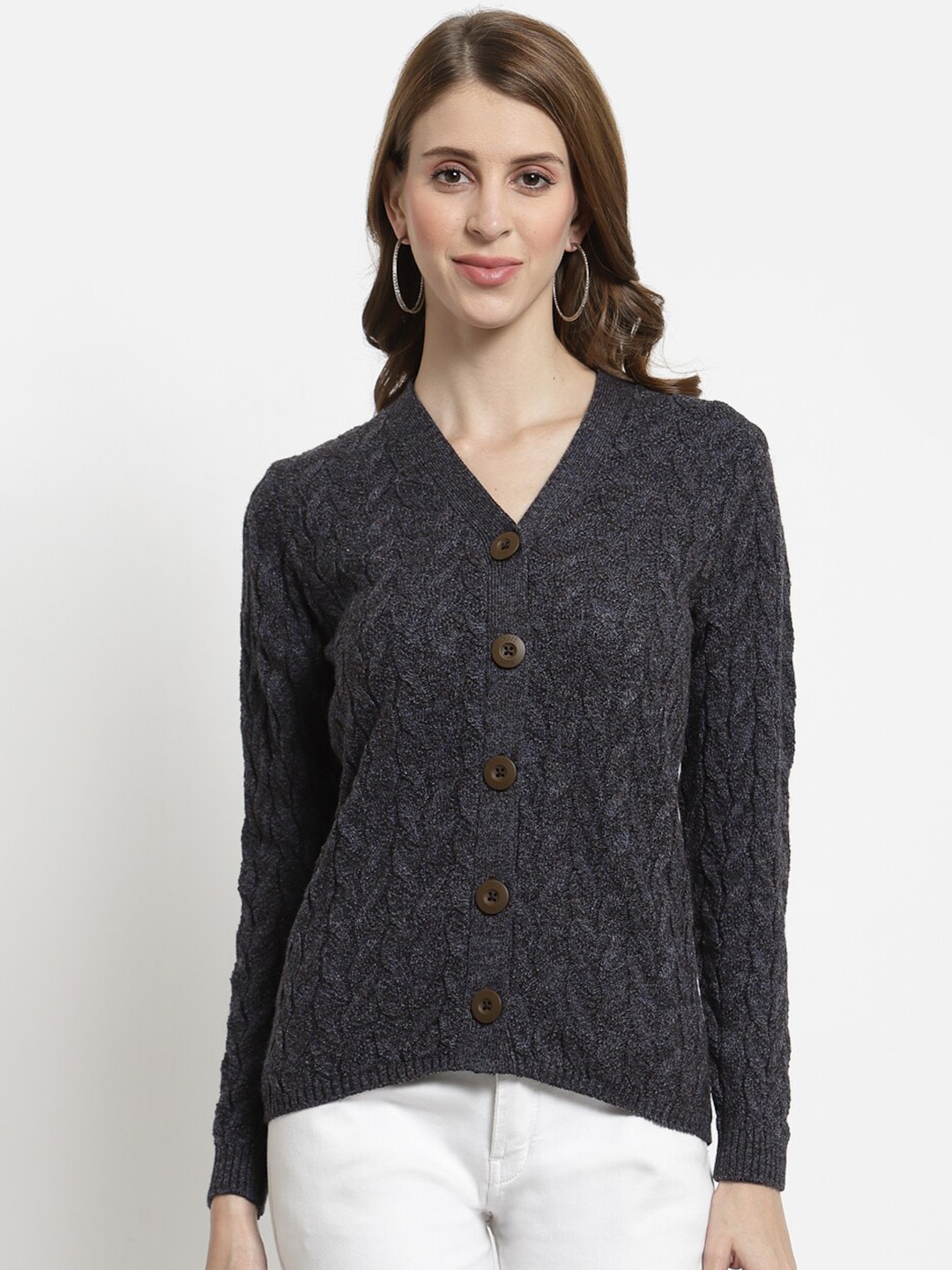 

Kalt Women Cable Knit Acrylic Cardigan, Grey
