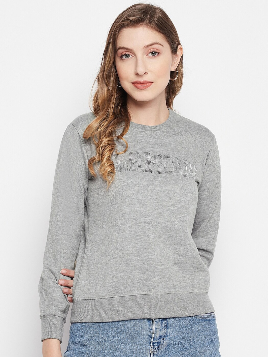 

STROP Women Embellished Cotton Sweatshirt, Grey
