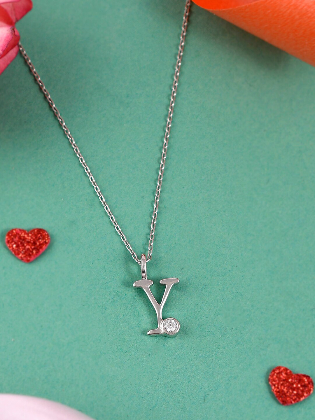 

Studio Voylla 925 Sterling Silver-Plated Alphabet Y Shaped CZ Studded Pendant With Chain
