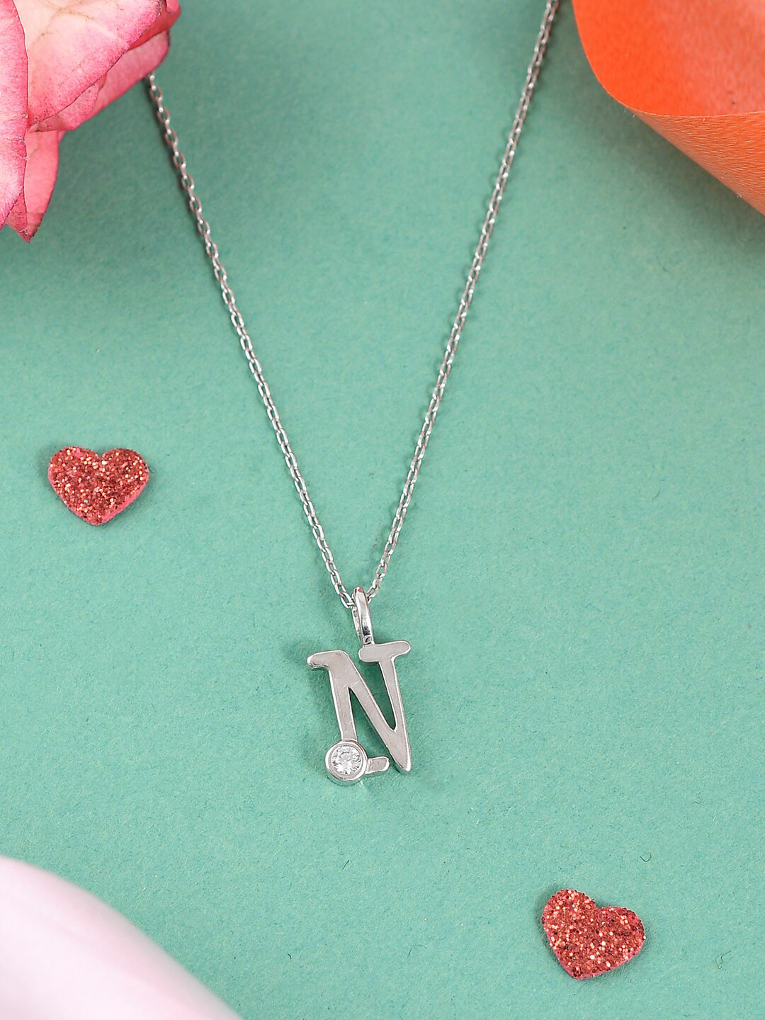 

Studio Voylla 925 Sterling Silver-Plated CZ-Studded & Alphabet- N Charm Pendant & Chain