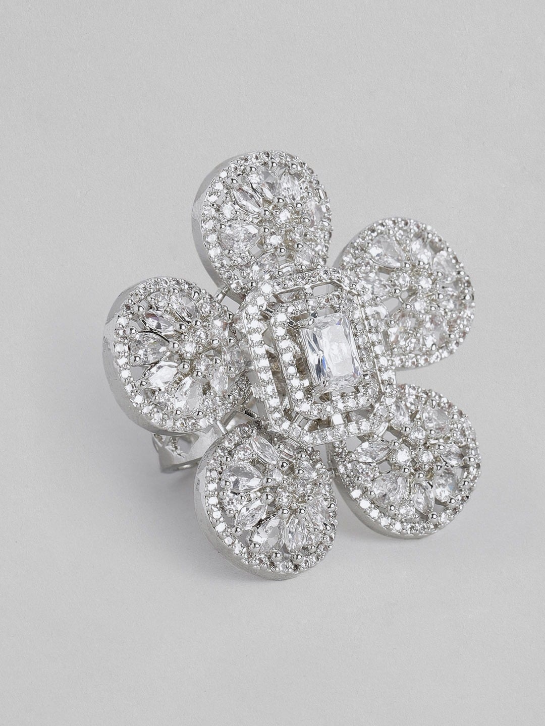 

MIDASKART Rhodium-Plated CZ Stone-Studded Adjustable Finger Ring, Silver