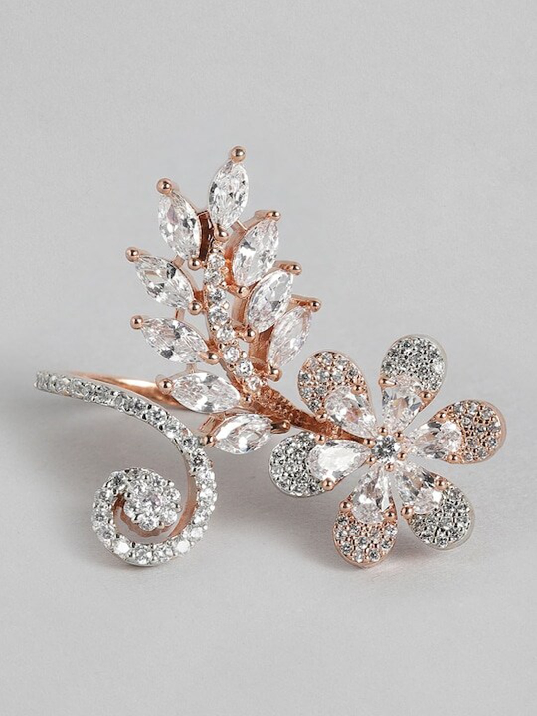 

MIDASKART CZ Studded Floral Shaped Adjustable Finger Ring, Rose gold