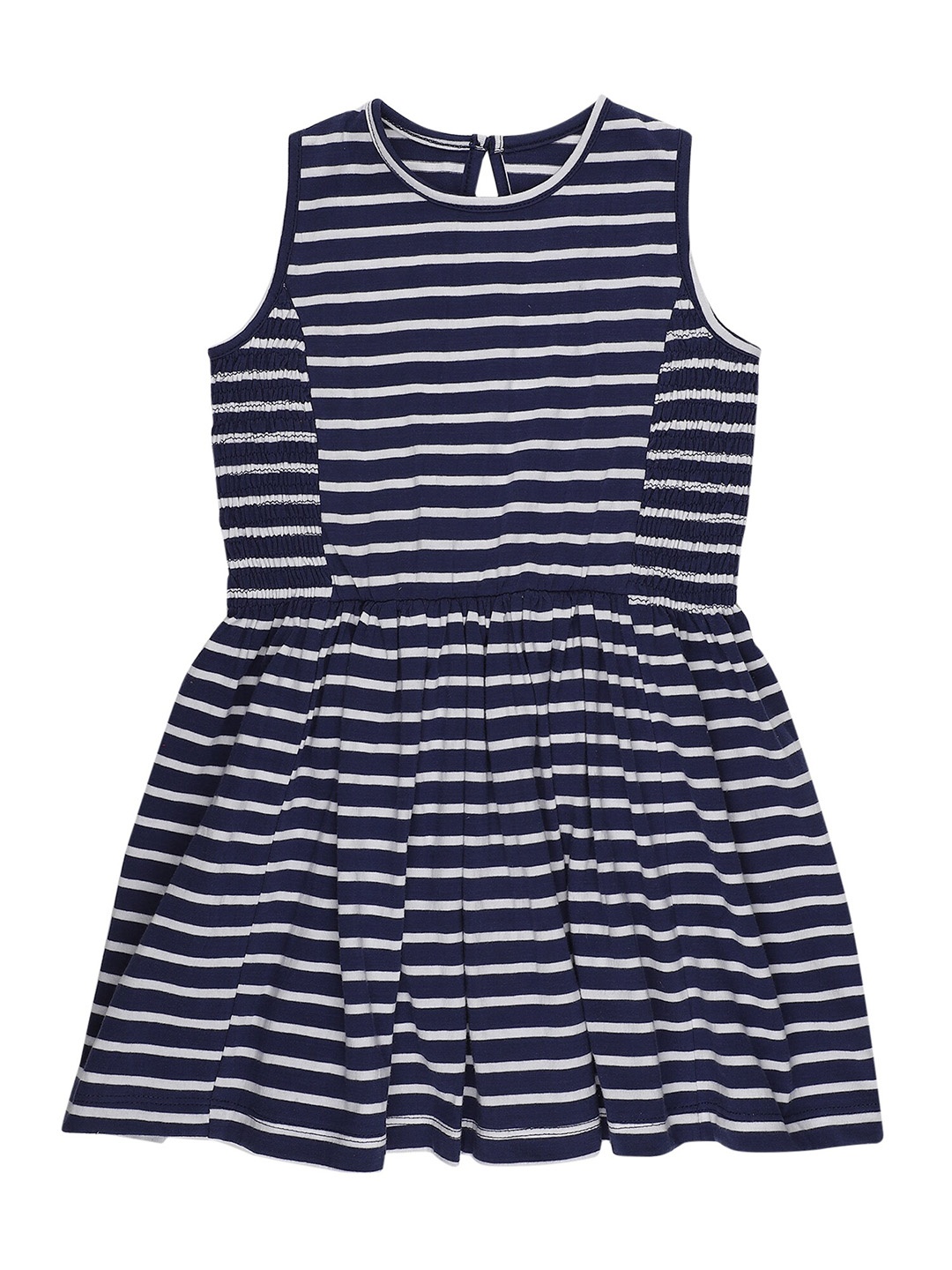 

First Kick Girls Round Neck Striped Cotton Dress, Navy blue