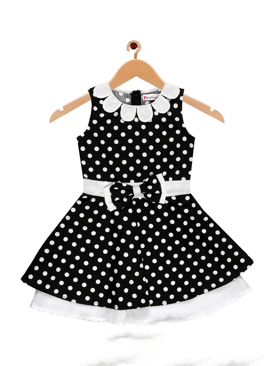 

First Kick Girls Polka Dots Peter Pan Collar Layered Cotton Dress, Black