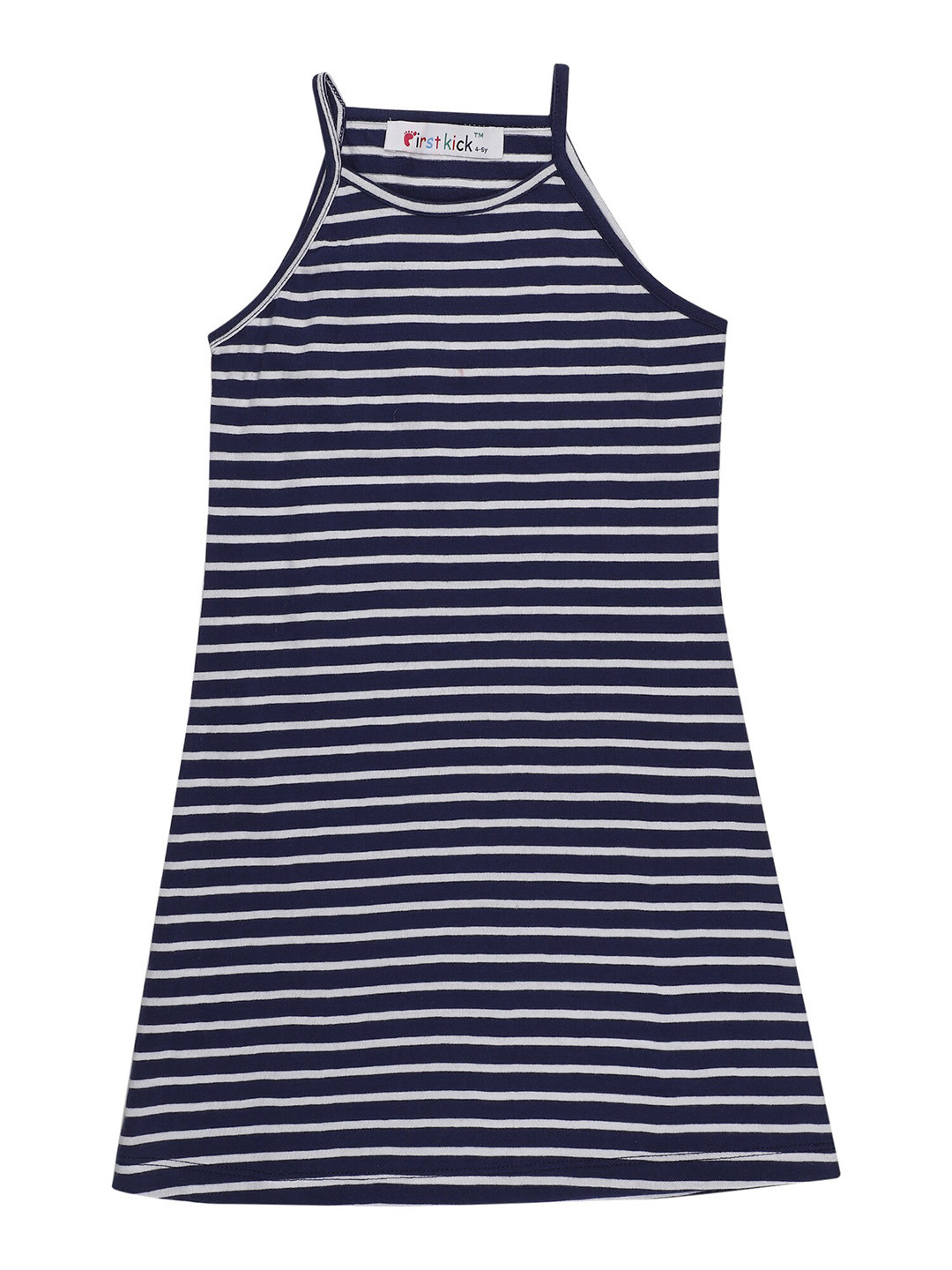 

First Kick Girls Striped Cotton A-Line Dress, Navy blue