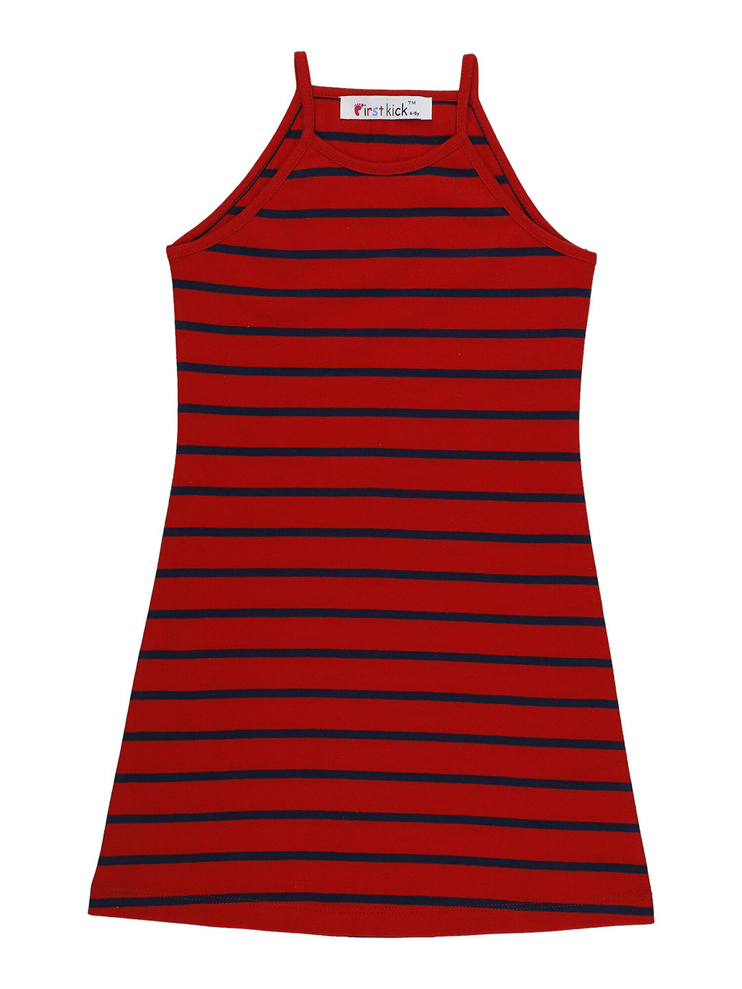 

First Kick Girls Striped Cotton Dress, Red