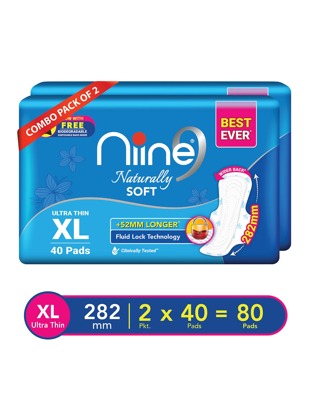 

Niine Women Set of 2 Naturally Soft Ultra Thin XL 230mm Sanitary Pads - 80 Pads Each, White