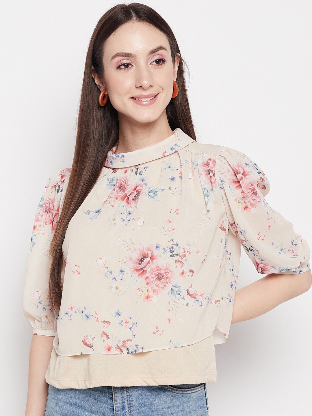 

Madame Floral Print High Neck Top, Cream