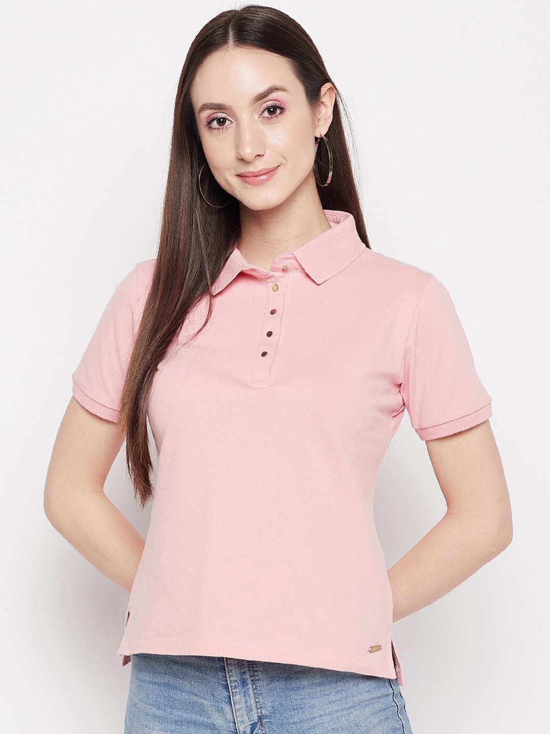 

Madame Women Polo Collar Cotton T-shirt, Peach