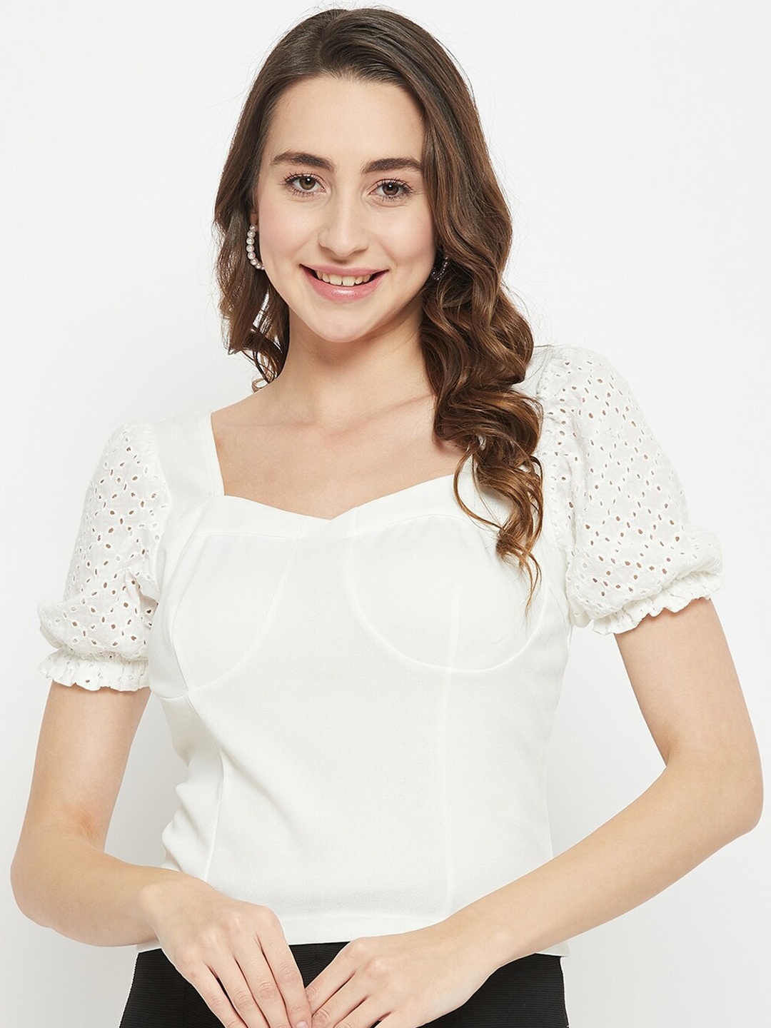 

Madame Sweetheart Neck Puff Sleeves Crop Top, White