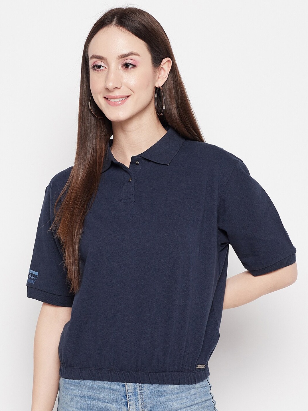 

Madame Short Sleeves Cotton Shirt Style Top, Navy blue