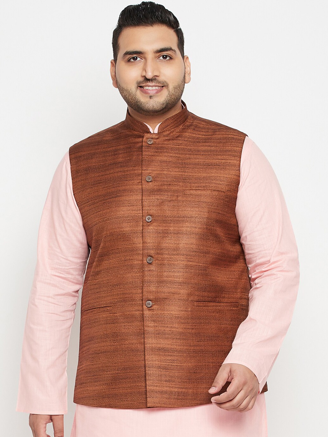 

VASTRAMAY PLUS Men Plus Size Woven Design Nehru Jacket, Coffee brown