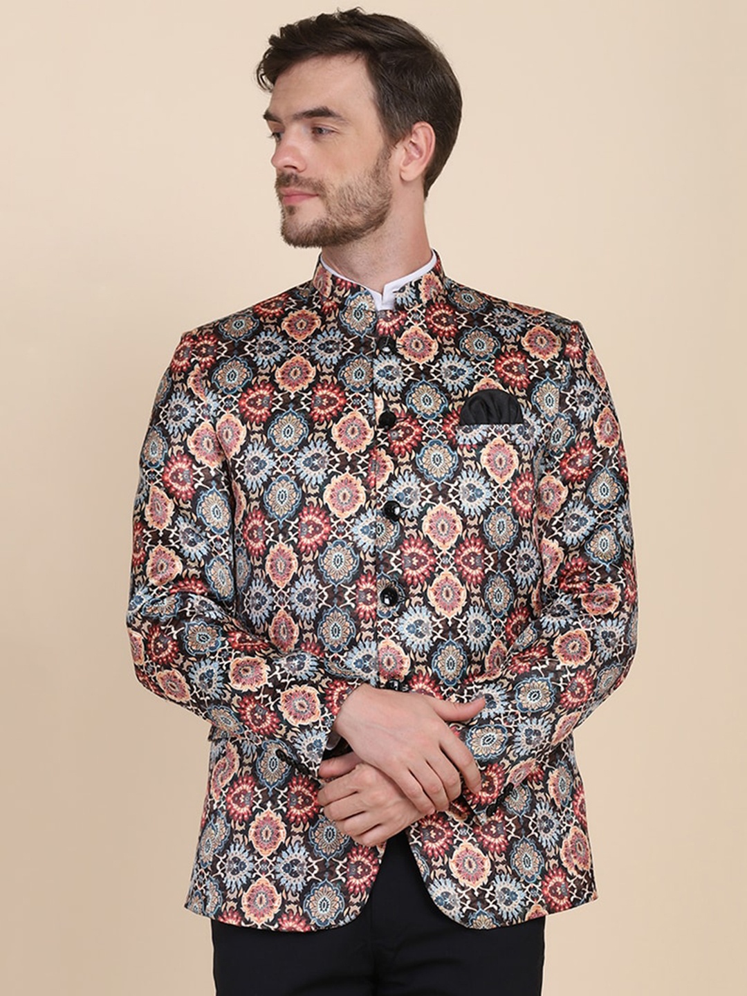 

TAHVO Men Ethnic Motifs Printed Bandhgala Slim-Fit Blazer, Blue