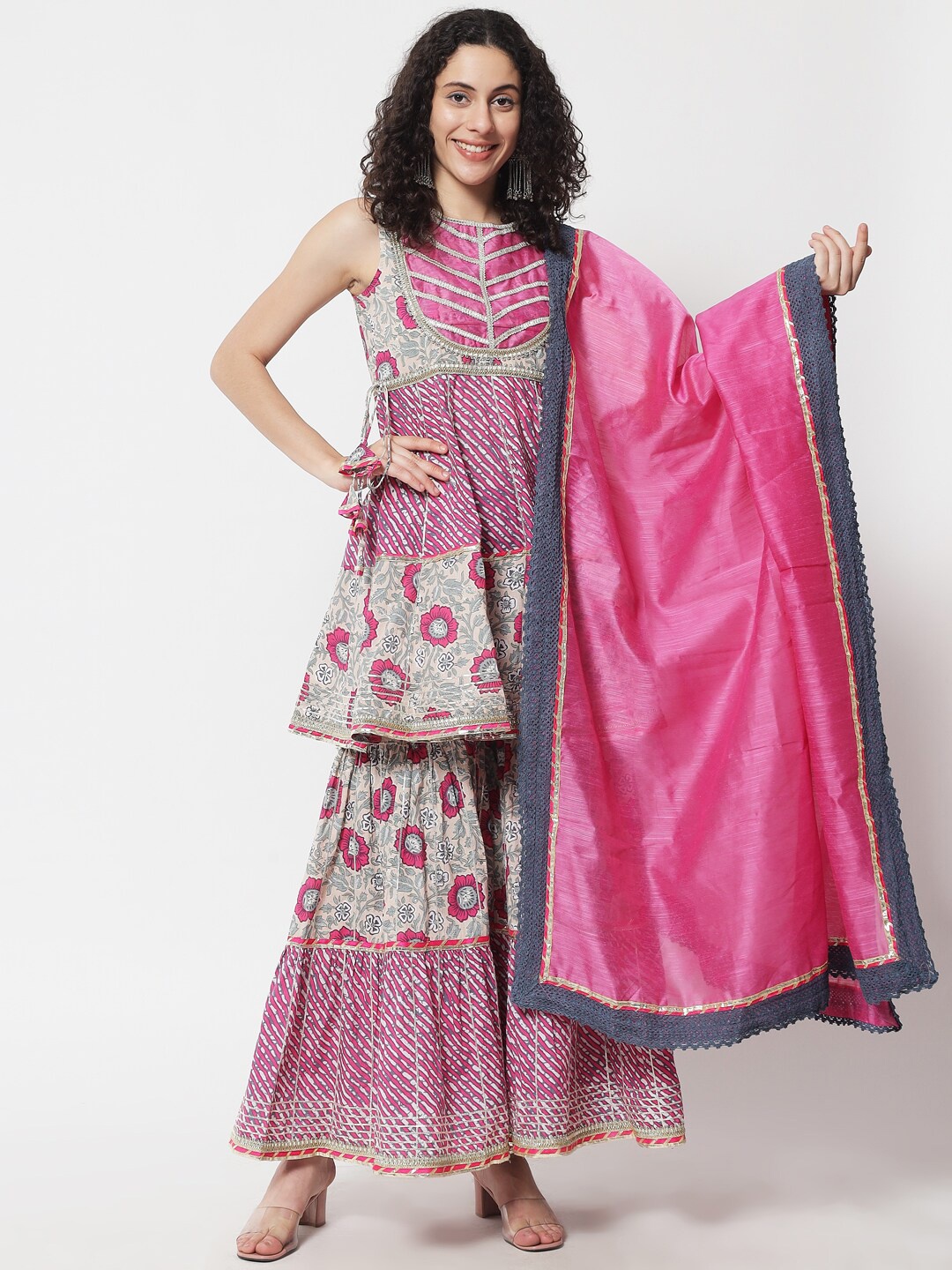 

Ramas Women Floral Printed Pleated A-Line Pure Cotton Kurti with Sharara & Dupatta, Pink