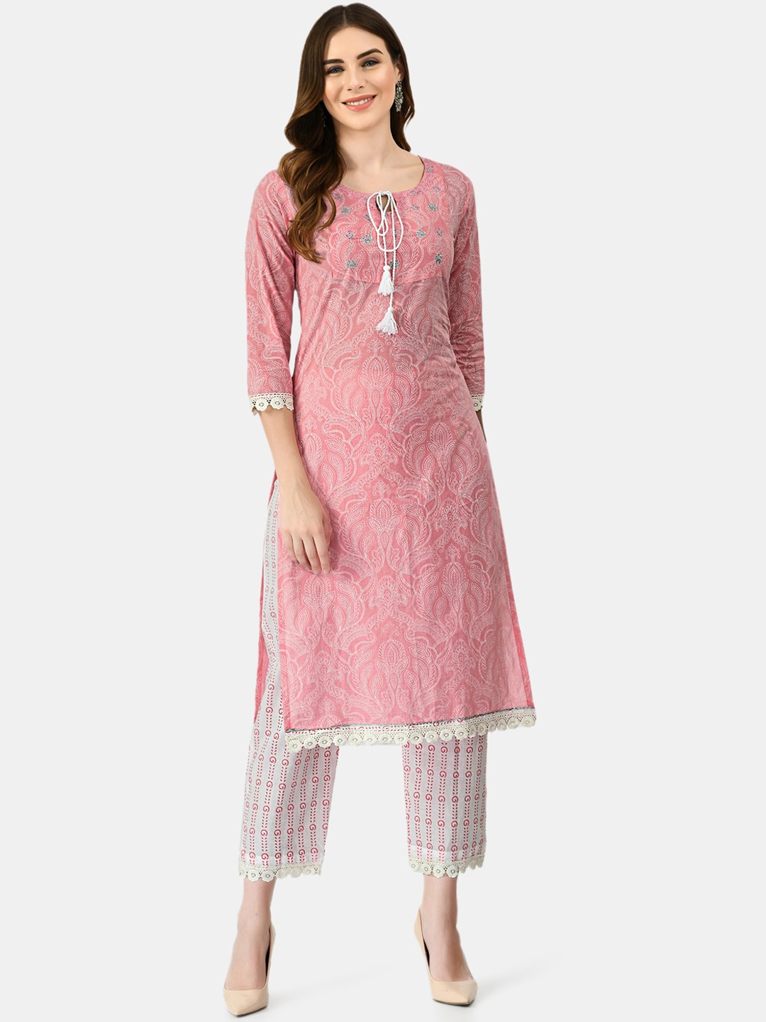 

KALINI Ethnic Motifs Printed Thread Work Kurta with Trousers & With Dupatta, Pink