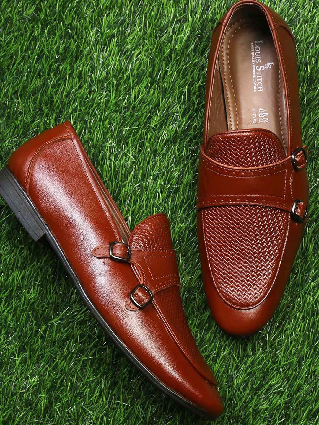 

LOUIS STITCH Men Textured Leather Formal Monk Shoes, Tan