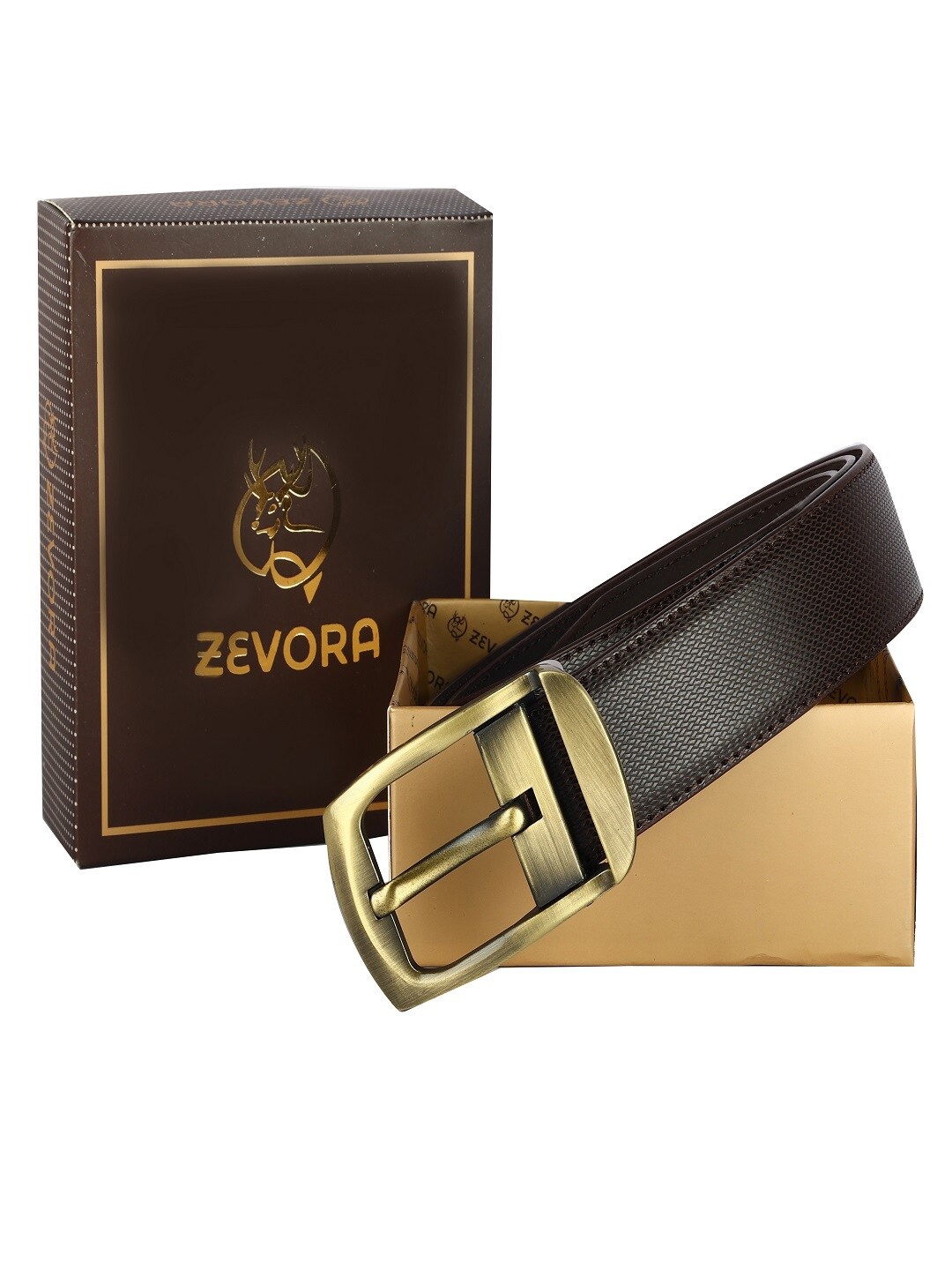 

ZEVORA Men Textured Leather Belt, Brown