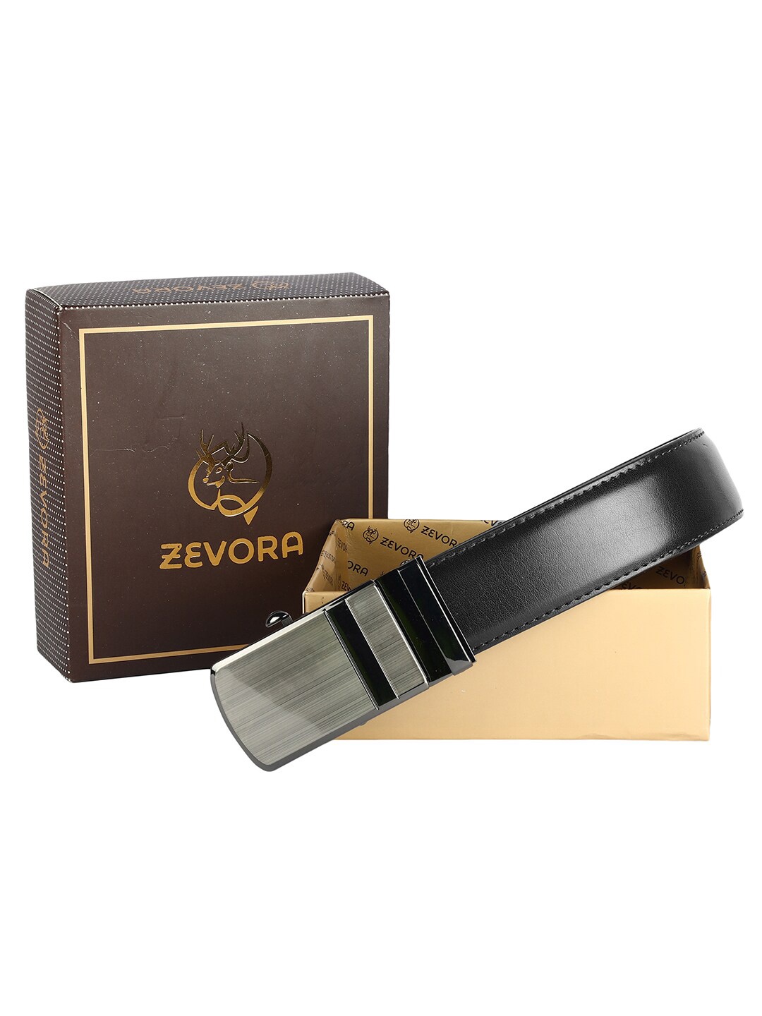 

ZEVORA Men Leather Slider Buckle Formal Belt, Black