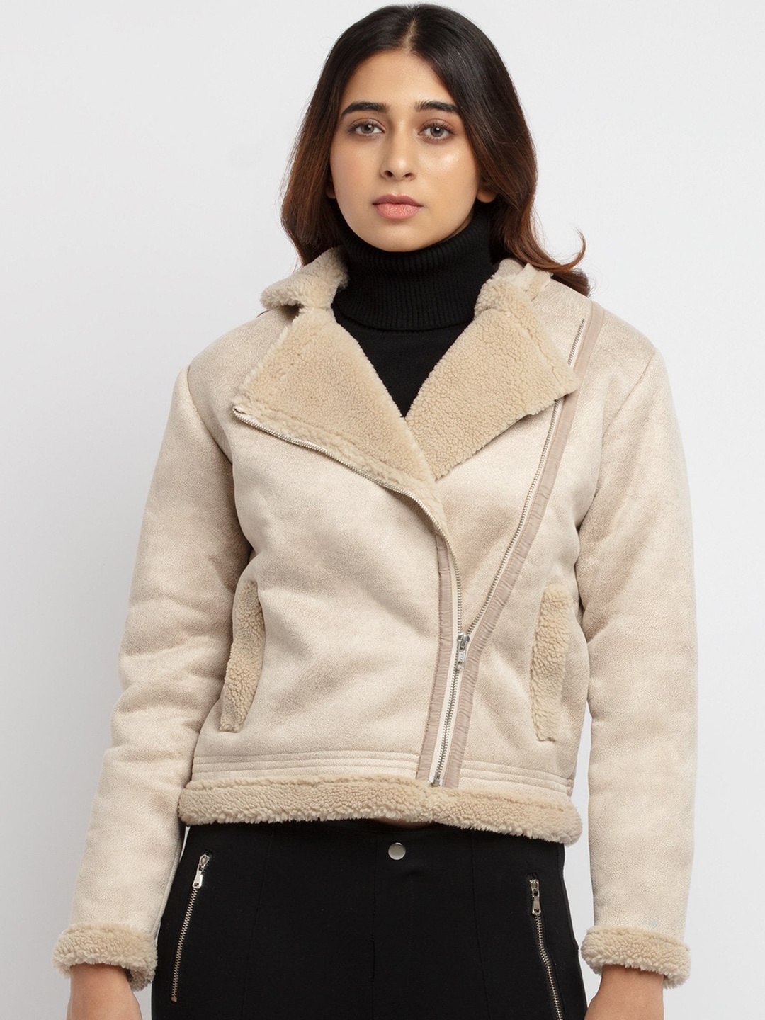 

Status Quo Women Faux Fur Trim Biker Jacket, Beige