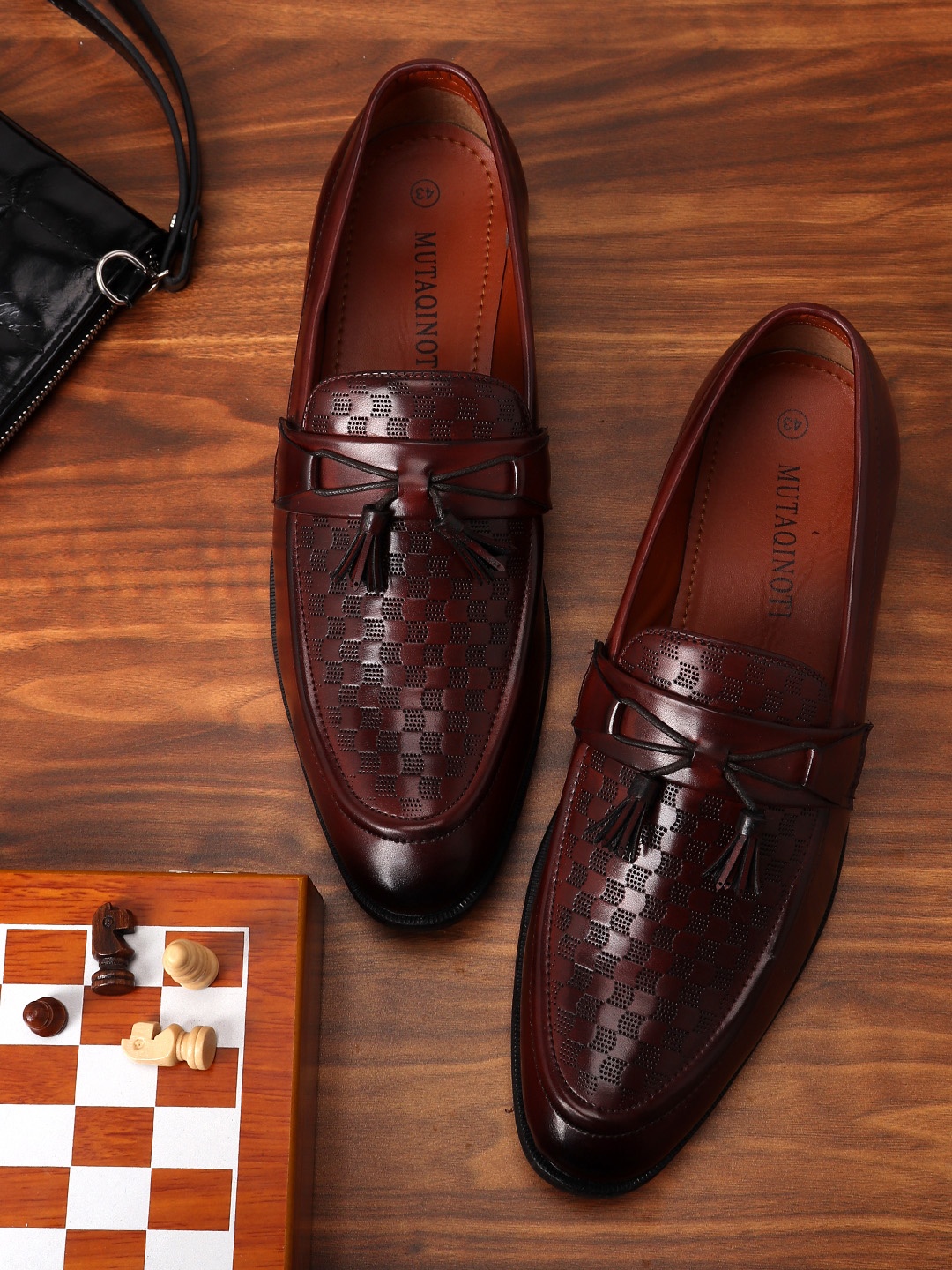 

MUTAQINOTI Men Textured Leather Formal Tassel Loafers, Brown
