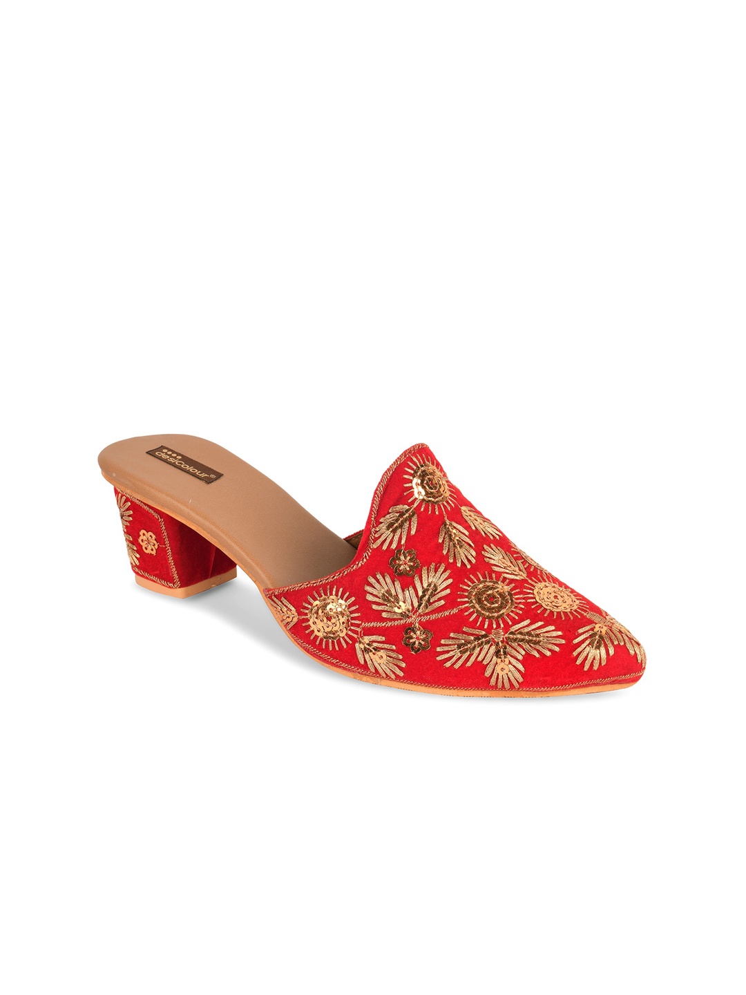 

DESI COLOUR Embellished Open Back Ethnic Block Mules, Red