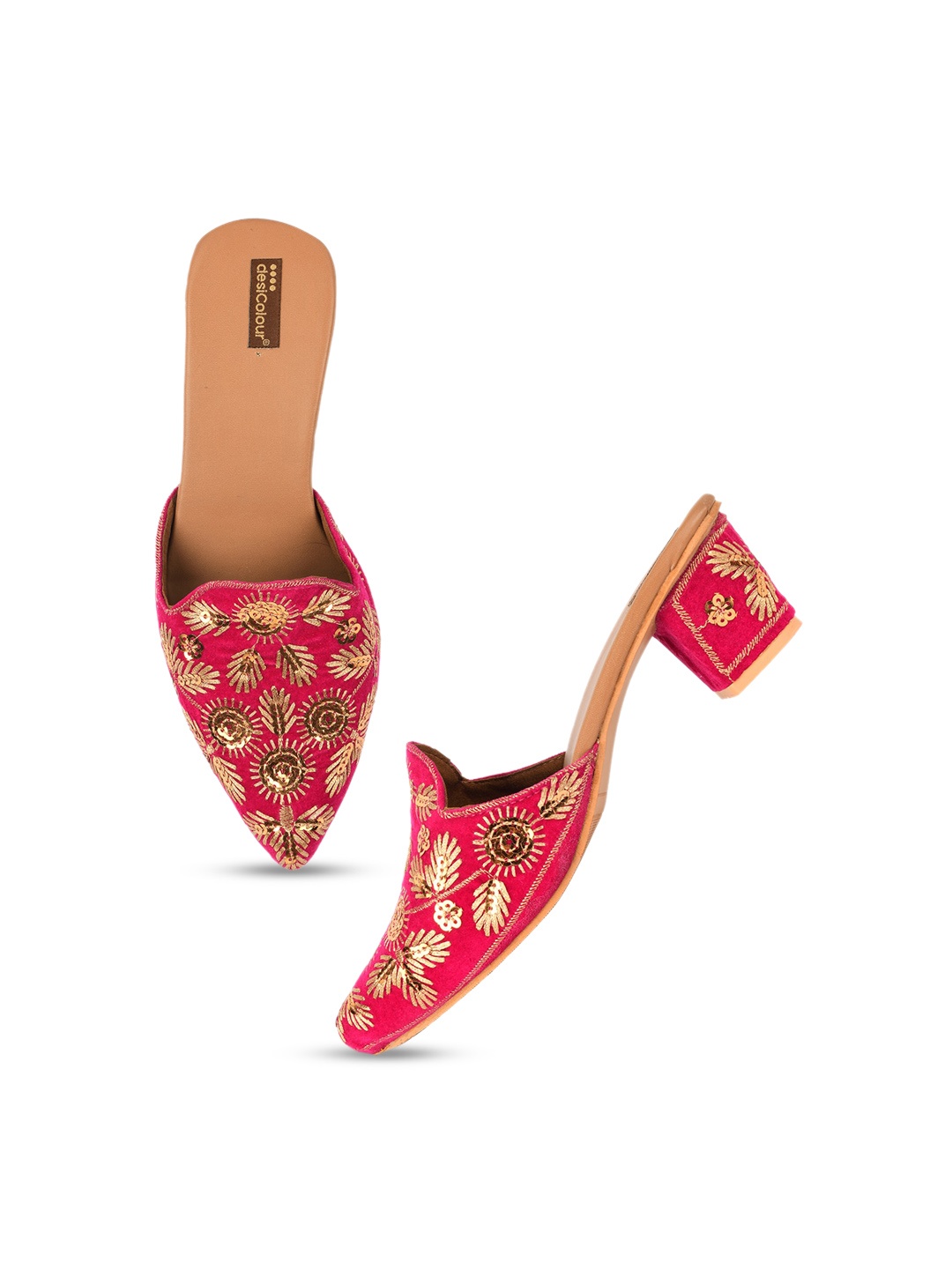 

DESI COLOUR Embellished Ethnic Block Mules, Pink