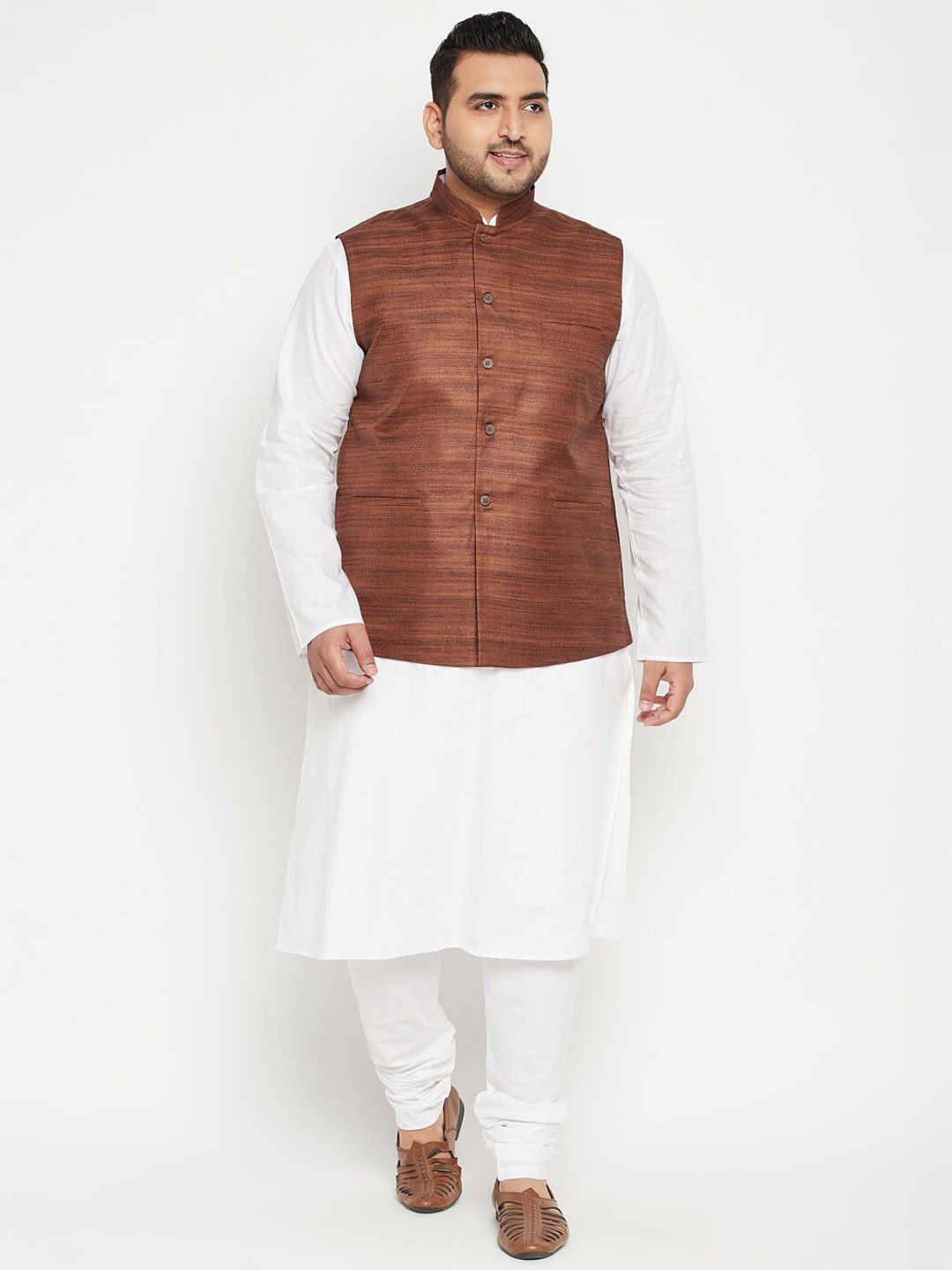 

VASTRAMAY PLUS Men Plus Size Regular Kurta with Churidar & Nehru Jacket, White