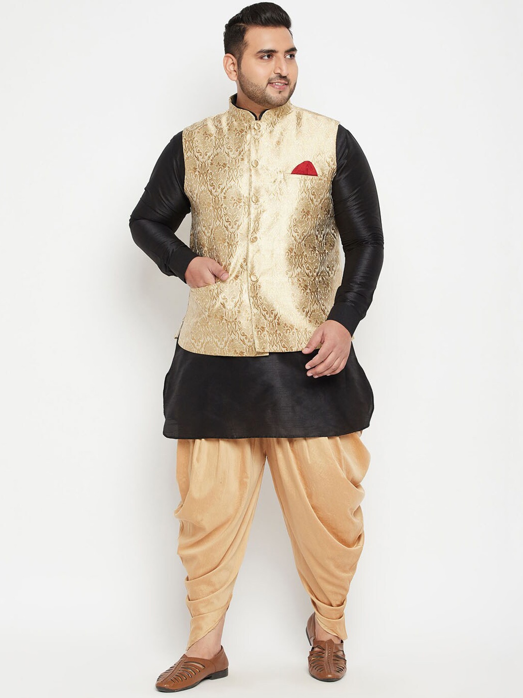 

VASTRAMAY PLUS Men Plus Size Regular Kurta with Dhoti Pants & Nehru Jacket, Black