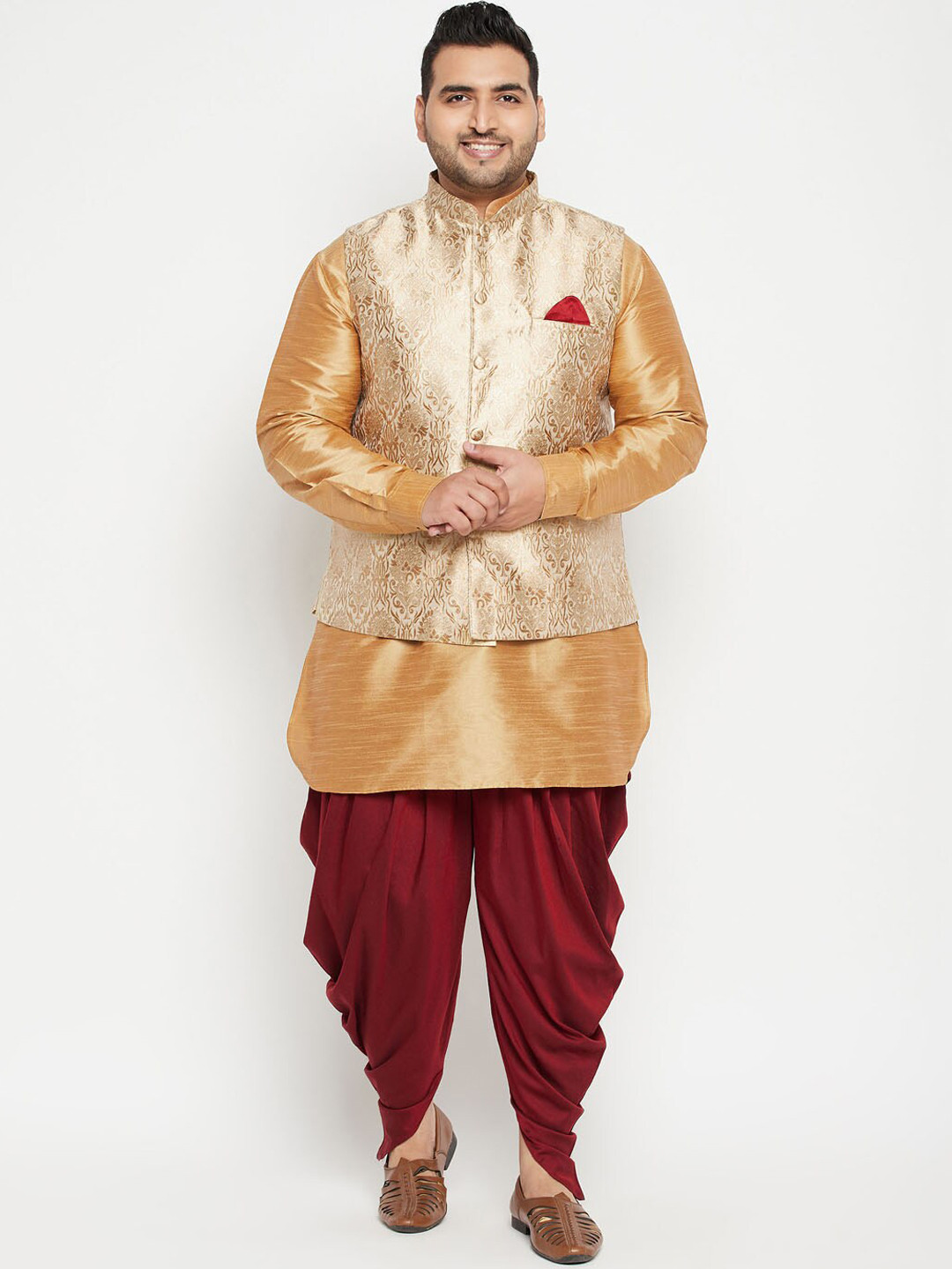 

VASTRAMAY PLUS Men Plus Size Mandarin Collar Kurta with Dhoti Pants & Nehru Jacket, Gold